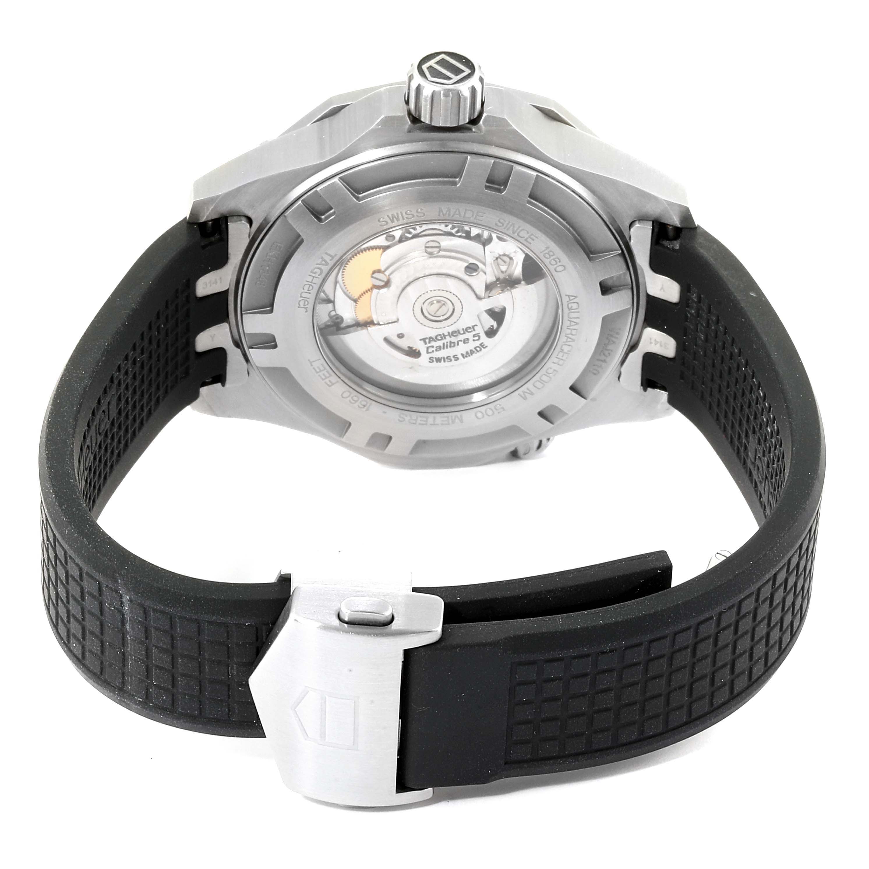 The image shows the case back and strap of the Tag Heuer Aquaracer WAJ2110.FT6015 Men's Stainless Steel Black Dial WAJ2110.FT6015 Men's Stainless Steel Black Dial watch, highlighting its movement and clasp.
