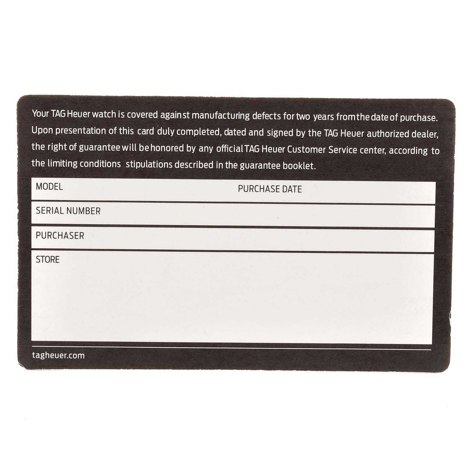 This image shows a TAG Heuer guarantee card for the Aquaracer model, detailing warranty information and spaces for model, serial number, and purchase details.