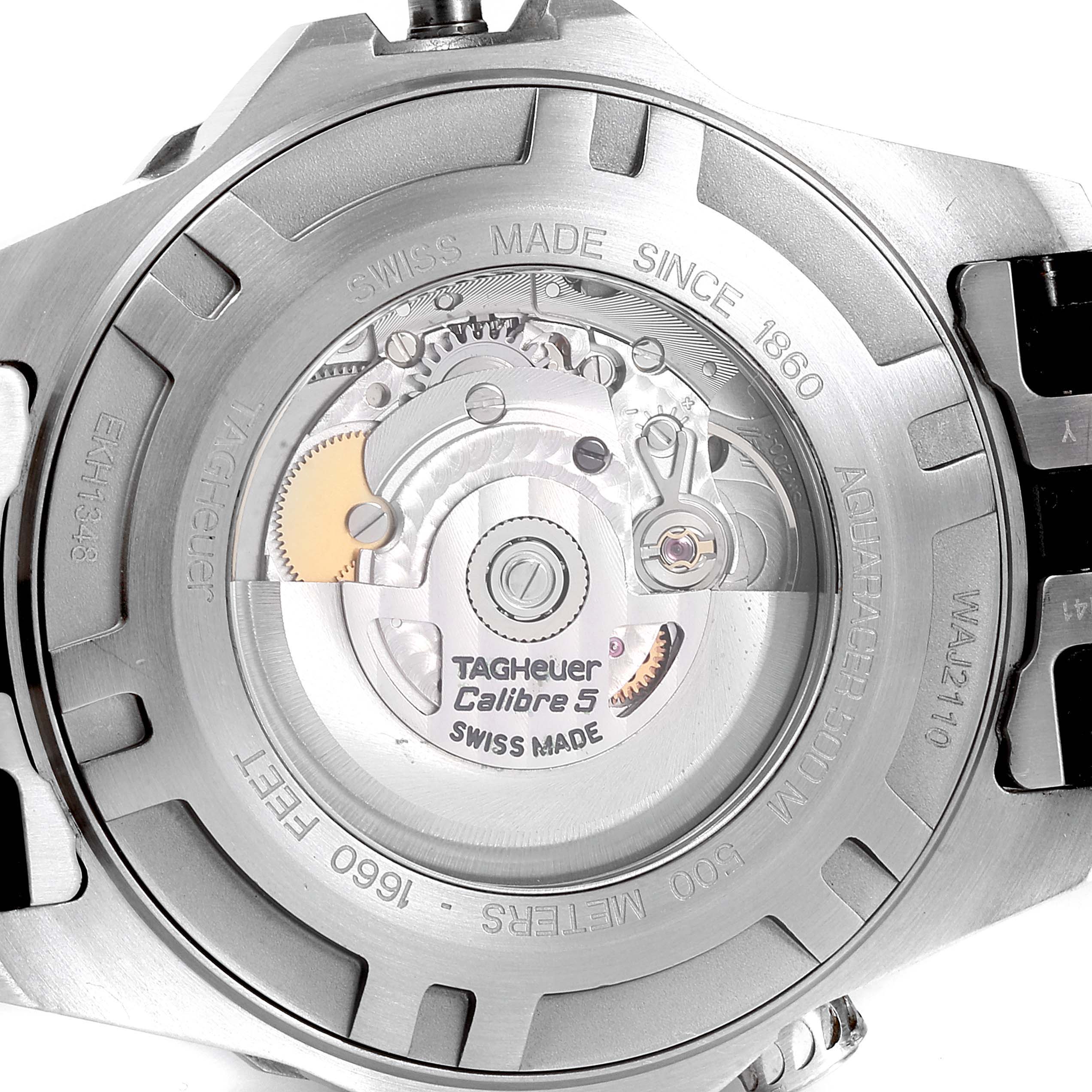 This is the back view of the Tag Heuer Aquaracer WAJ2110.FT6015 Men's Stainless Steel Black Dial WAJ2110.FT6015 Men's Stainless Steel Black Dial model, showing the Calibre 5 movement mechanism.