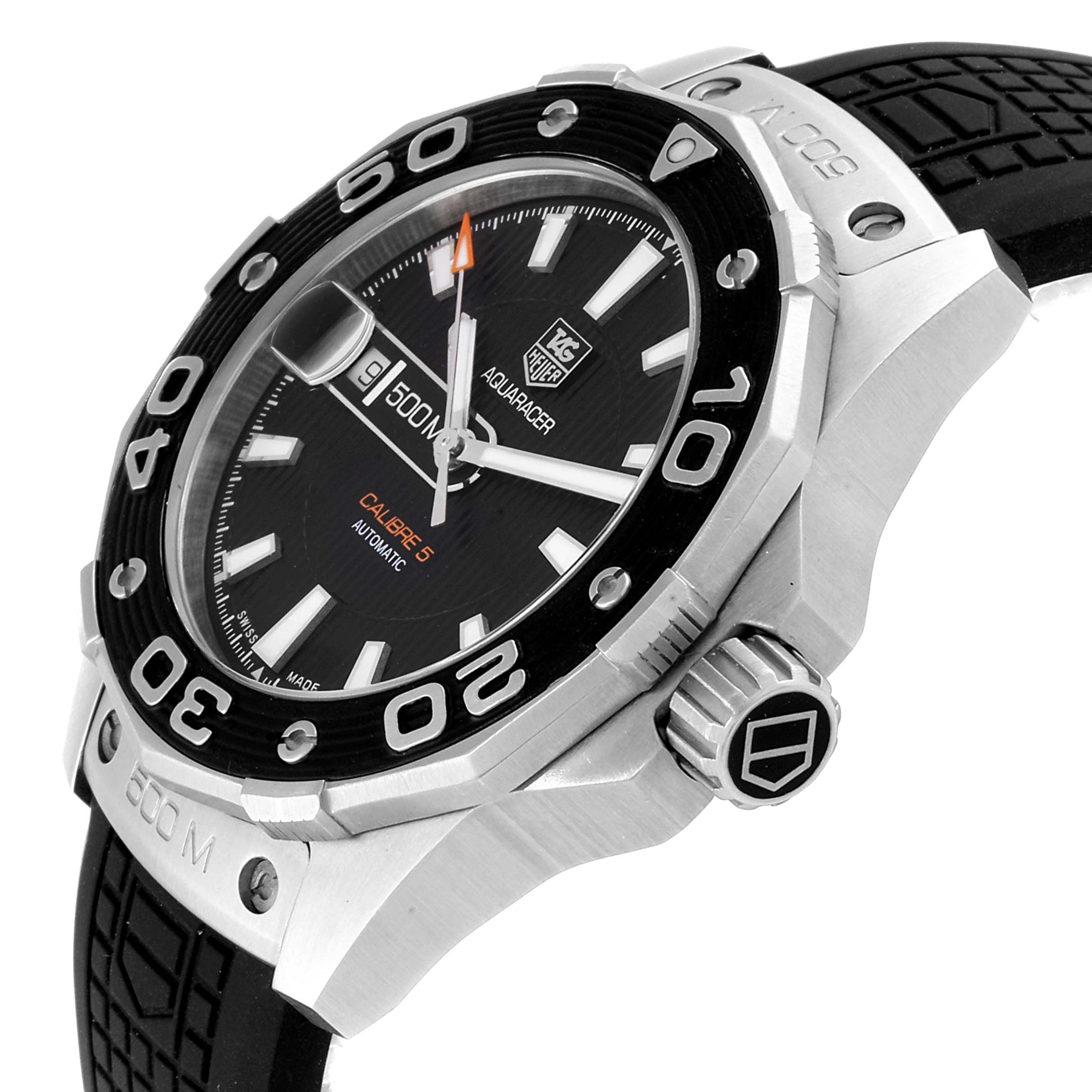 The image shows a close-up side angle of a Tag Heuer Aquaracer WAJ2110.FT6015 Men's Stainless Steel Black Dial WAJ2110.FT6015 Men's Stainless Steel Black Dial watch, highlighting its bezel, dial, crown, and strap.