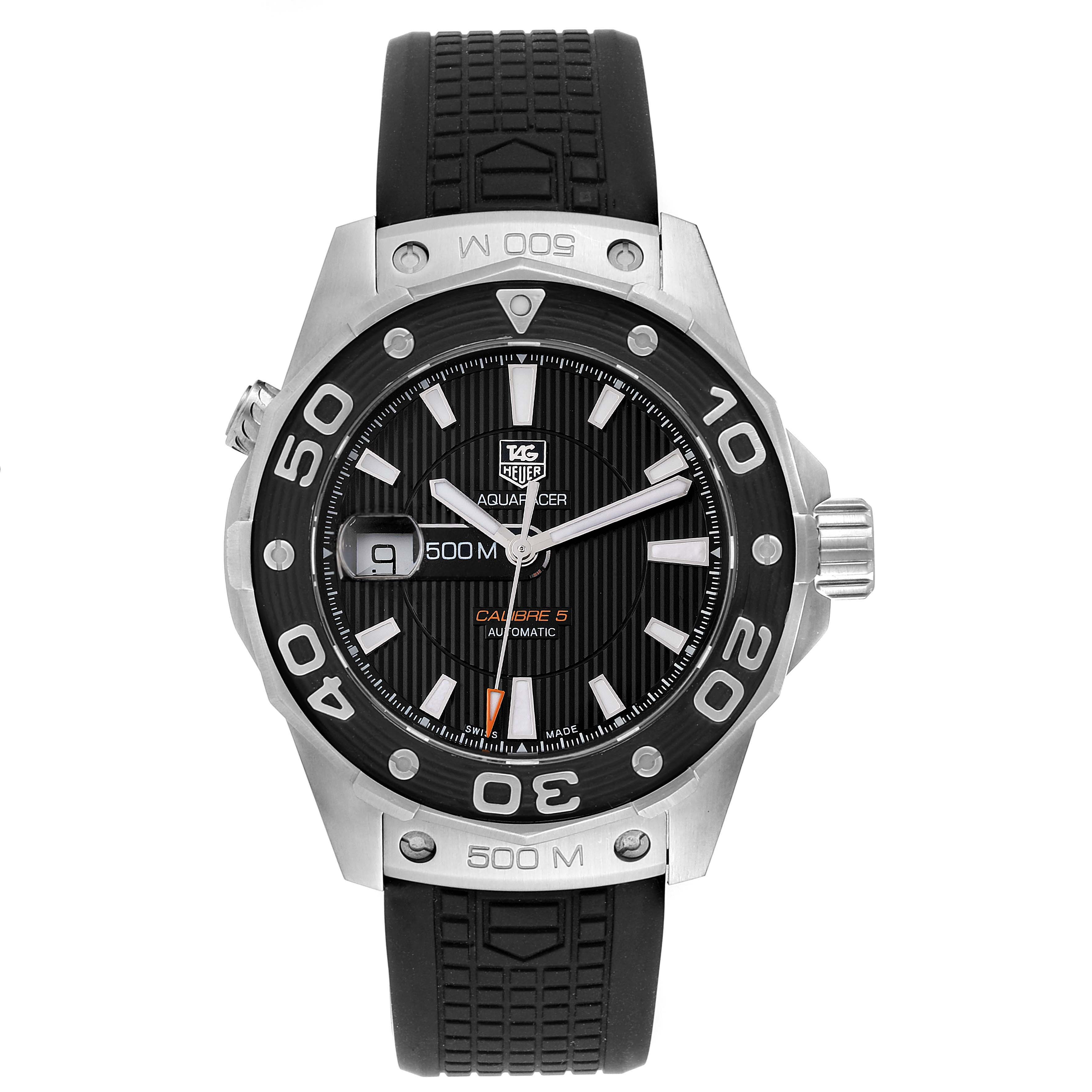 The image shows a front view of the Tag Heuer Aquaracer WAJ2110.FT6015 Men's Stainless Steel Black Dial WAJ2110.FT6015 Men's Stainless Steel Black Dial watch, displaying its dial, bezel, and black strap.
