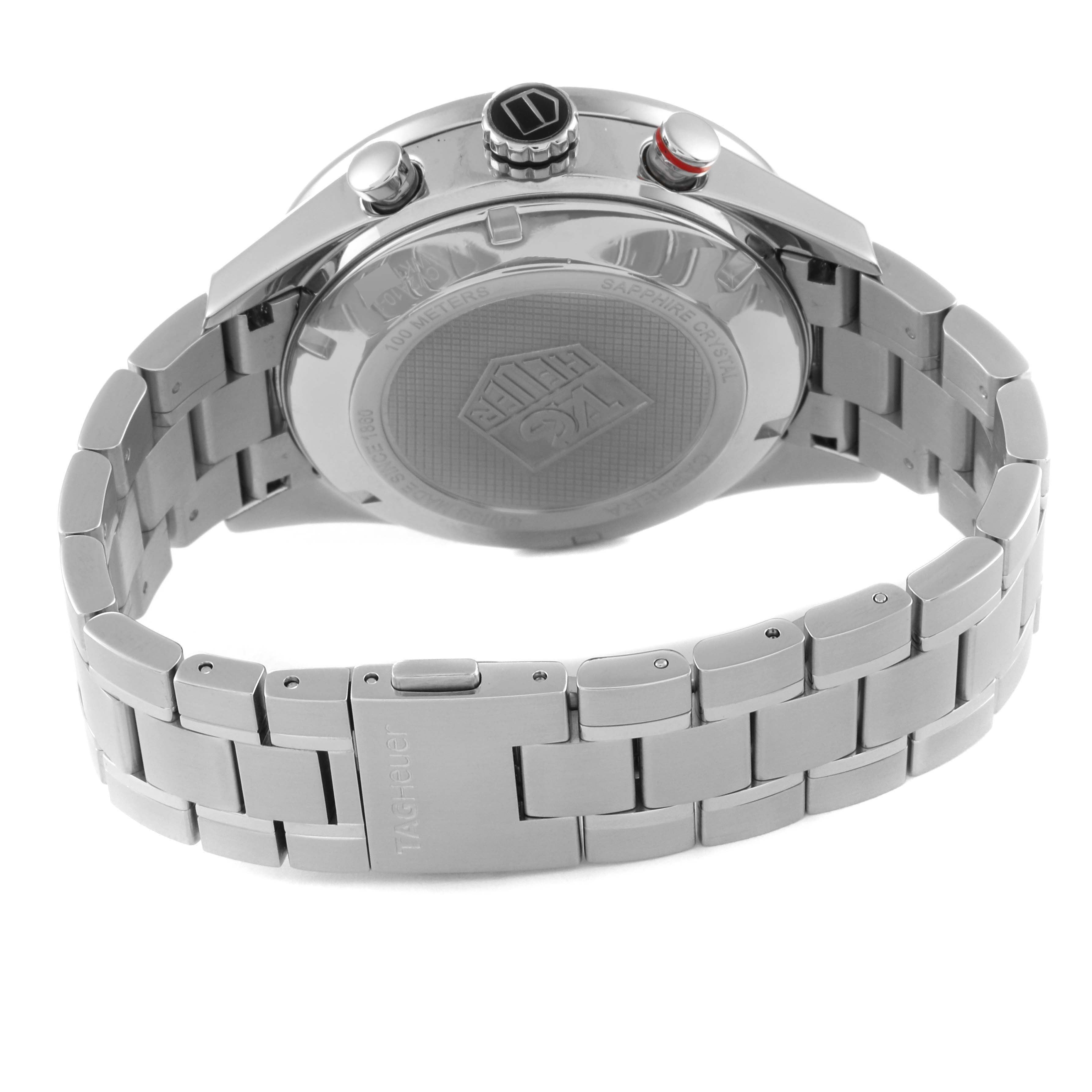 The image shows a rear view of the Tag Heuer Carrera CV2A10.BA0796 Men's Stainless Steel Black Dial CV2A10.BA0796 Men's Stainless Steel Black Dial watch, highlighting the back case and metal bracelet.