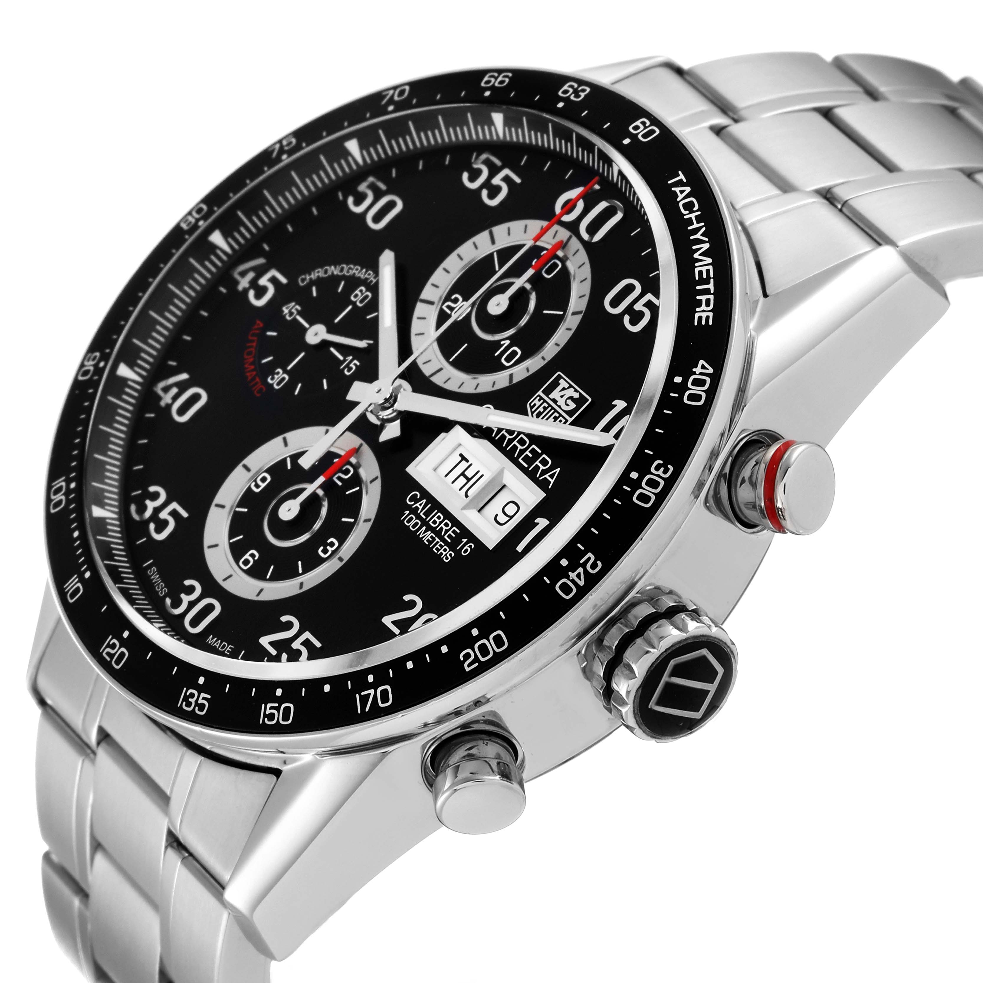 The image shows a Tag Heuer Carrera CV2A10.BA0796 Men's Stainless Steel Black Dial CV2A10.BA0796 Men's Stainless Steel Black Dial watch at a slight side angle, highlighting the dial, bezel, crown, pushers, and bracelet.