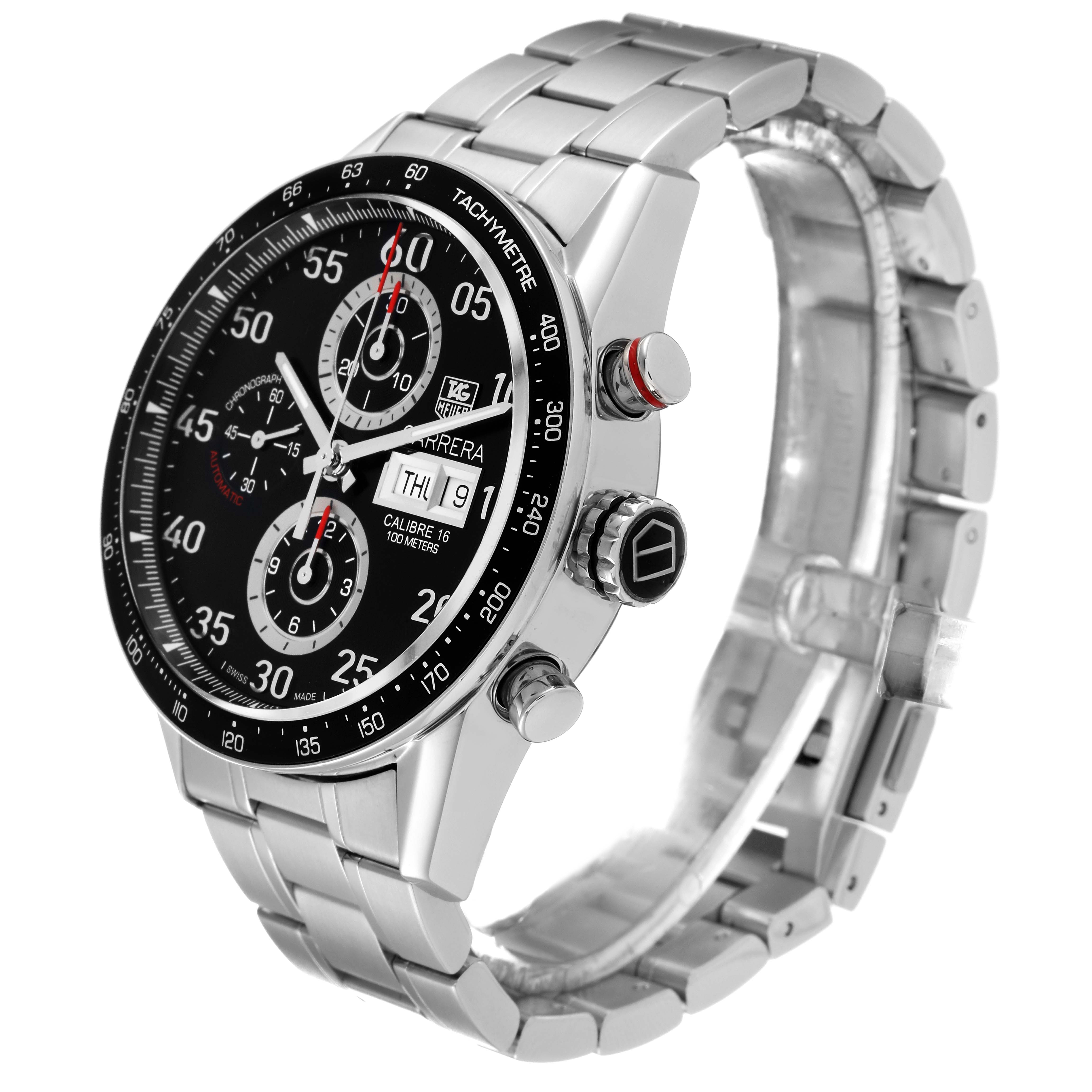 This Tag Heuer Carrera CV2A10.BA0796 Men's Stainless Steel Black Dial CV2A10.BA0796 Men's Stainless Steel Black Dial watch is shown at a three-quarter angle, displaying its dial, tachymeter bezel, and stainless steel bracelet.