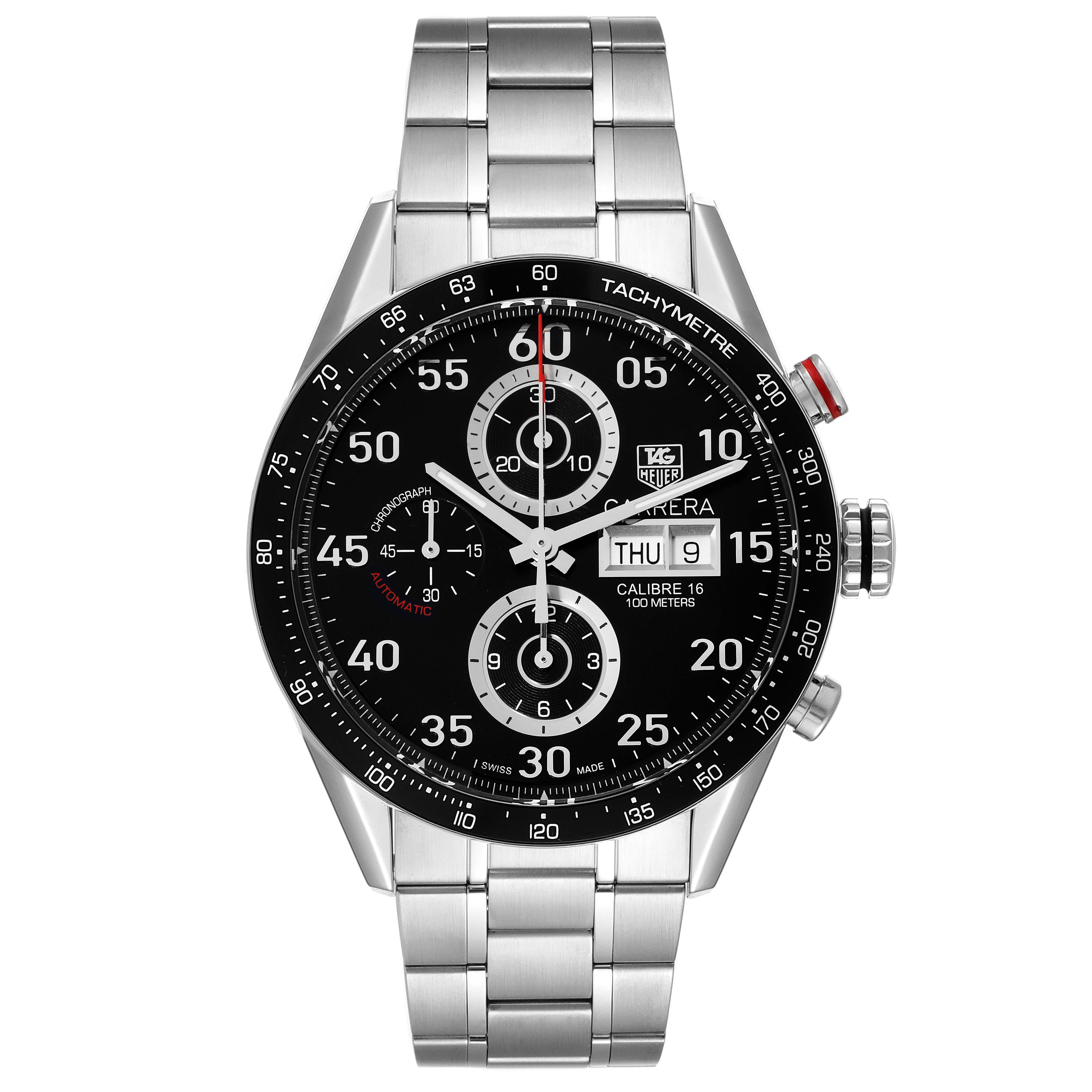 The image shows a front view of a Tag Heuer Carrera CV2A10.BA0796 Men's Stainless Steel Black Dial CV2A10.BA0796 Men's Stainless Steel Black Dial watch with a stainless steel band and detailed chronograph face.