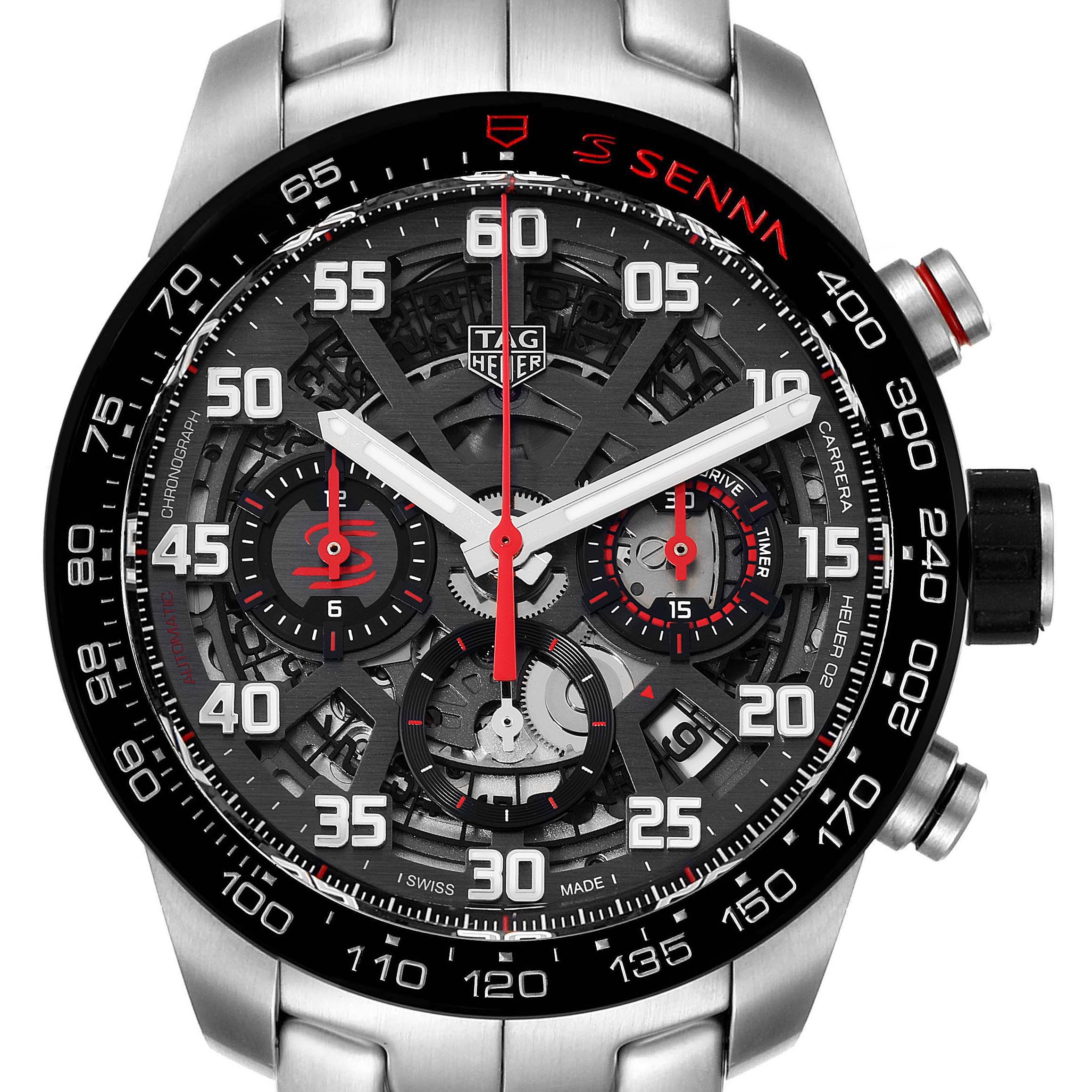 The image shows a frontal close-up view of the face of a Tag Heuer Carrera CBG2013 Men's Stainless Steel Transparent Dial CBG2013 Men's Stainless Steel Transparent Dial watch, displaying the dial, hands, chronograph, and bezel.
