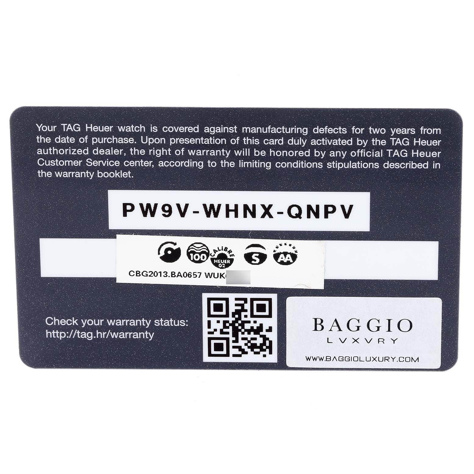 The image shows a Tag Heuer Carrera CBG2013 Men's Stainless Steel Transparent Dial CBG2013 Men's Stainless Steel Transparent Dial model warranty card with a serial number and QR code.