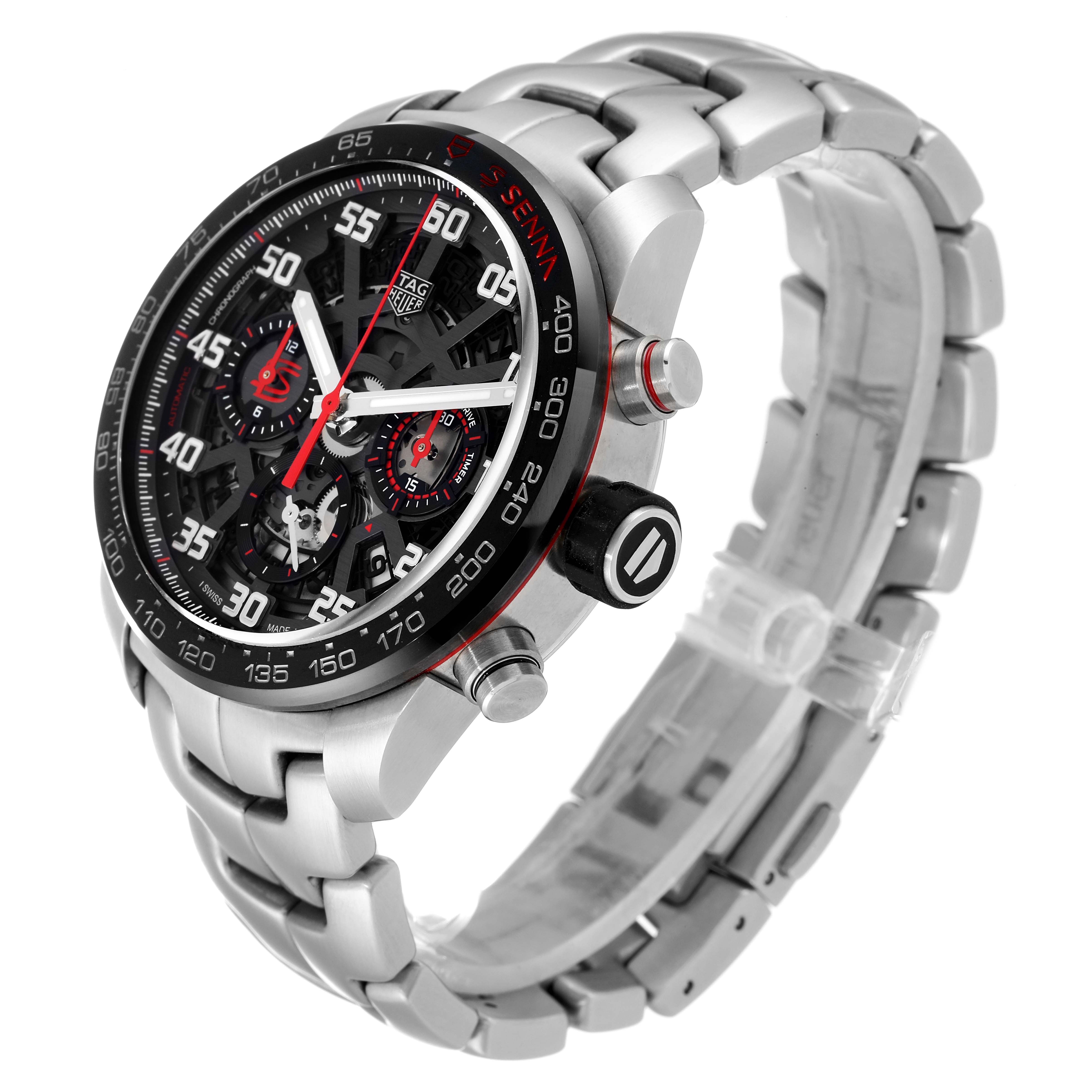 The image shows a side and front angle of the Tag Heuer Carrera CBG2013 Men's Stainless Steel Transparent Dial CBG2013 Men's Stainless Steel Transparent Dial watch, displaying its face, crown, pushers, and metal bracelet.