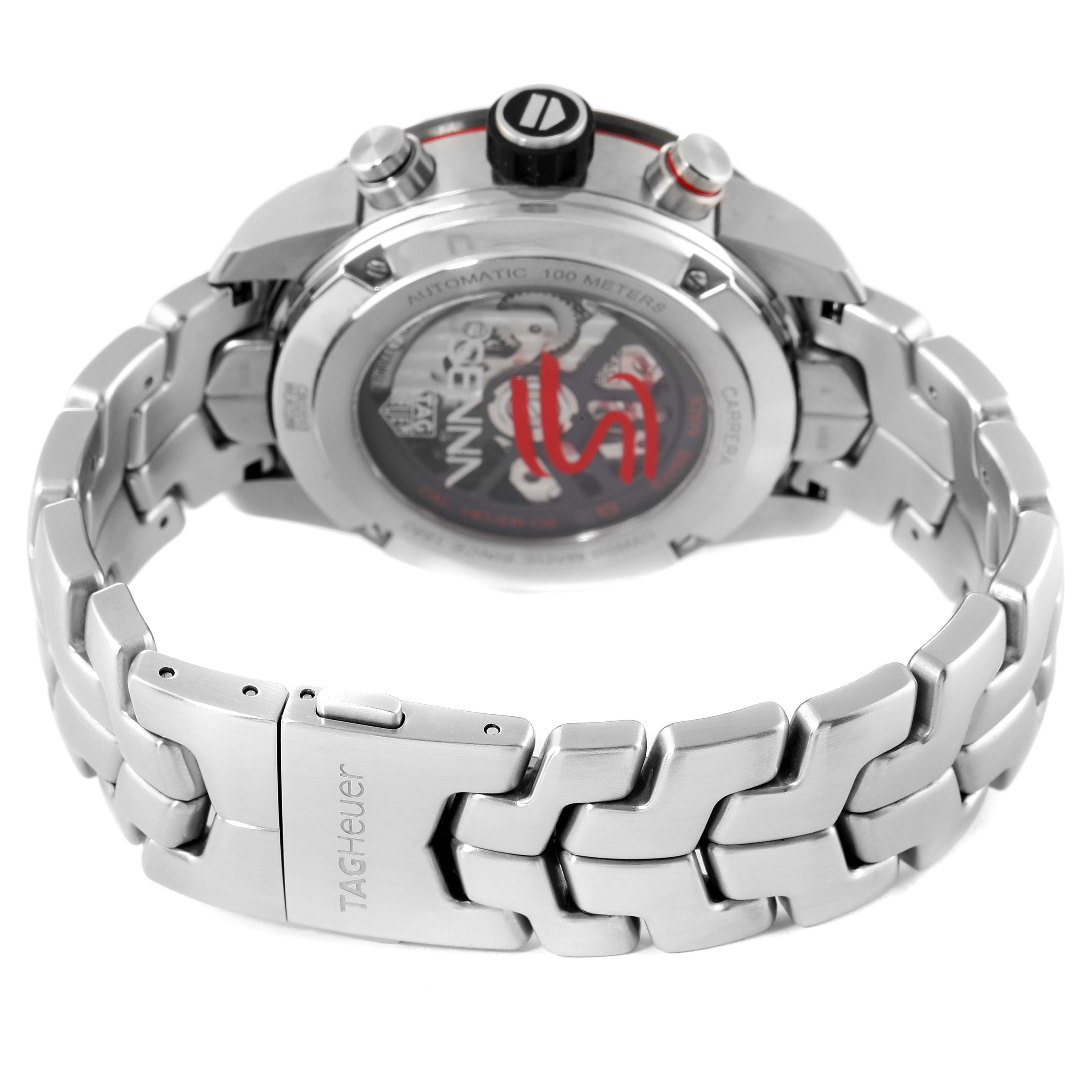 The image shows the back and clasp of a Tag Heuer Carrera CBG2013 Men's Stainless Steel Transparent Dial CBG2013 Men's Stainless Steel Transparent Dial watch, highlighting the bracelet and caseback.
