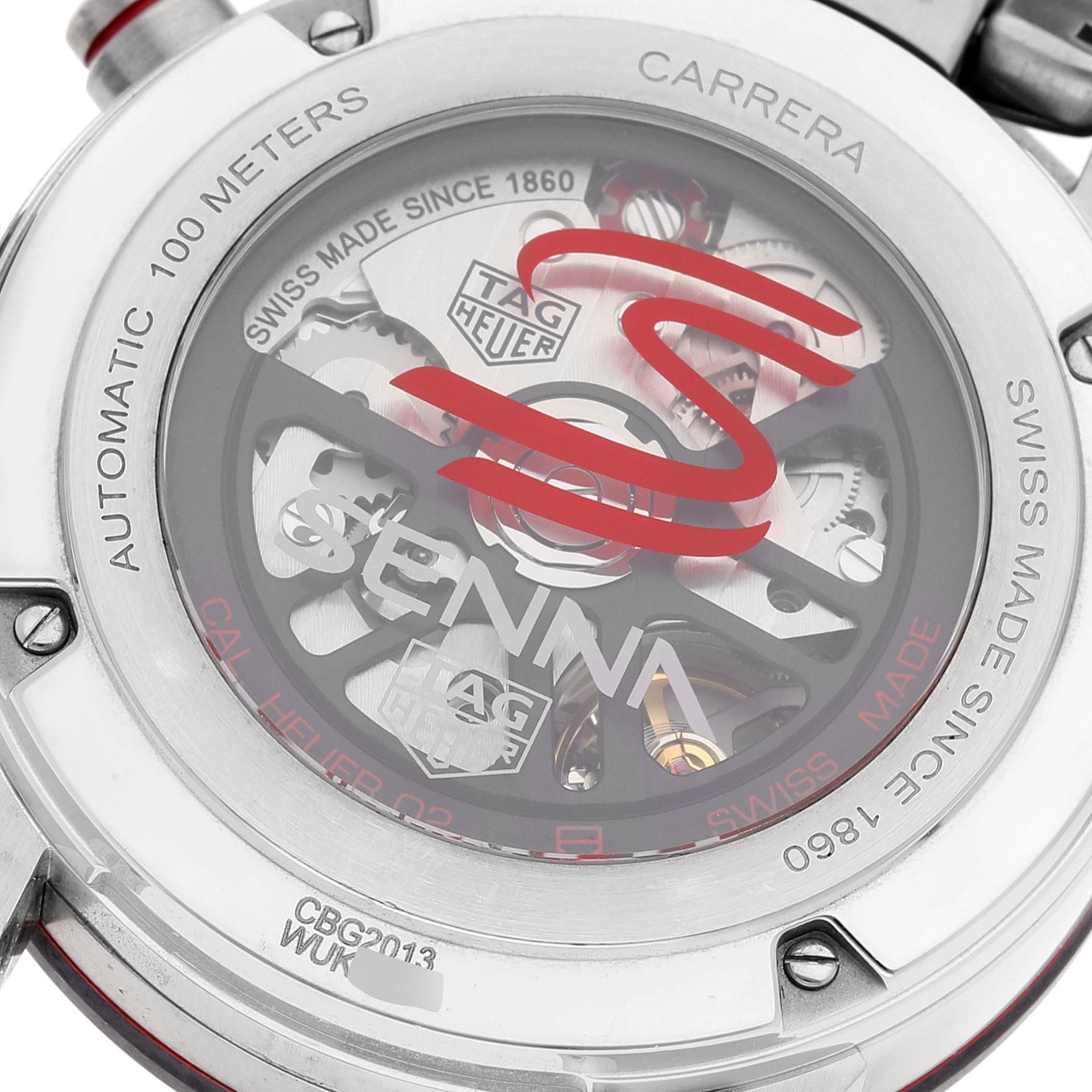 The image shows the back of a Tag Heuer Carrera CBG2013 Men's Stainless Steel Transparent Dial CBG2013 Men's Stainless Steel Transparent Dial watch, highlighting the Swiss movement and skeleton design.