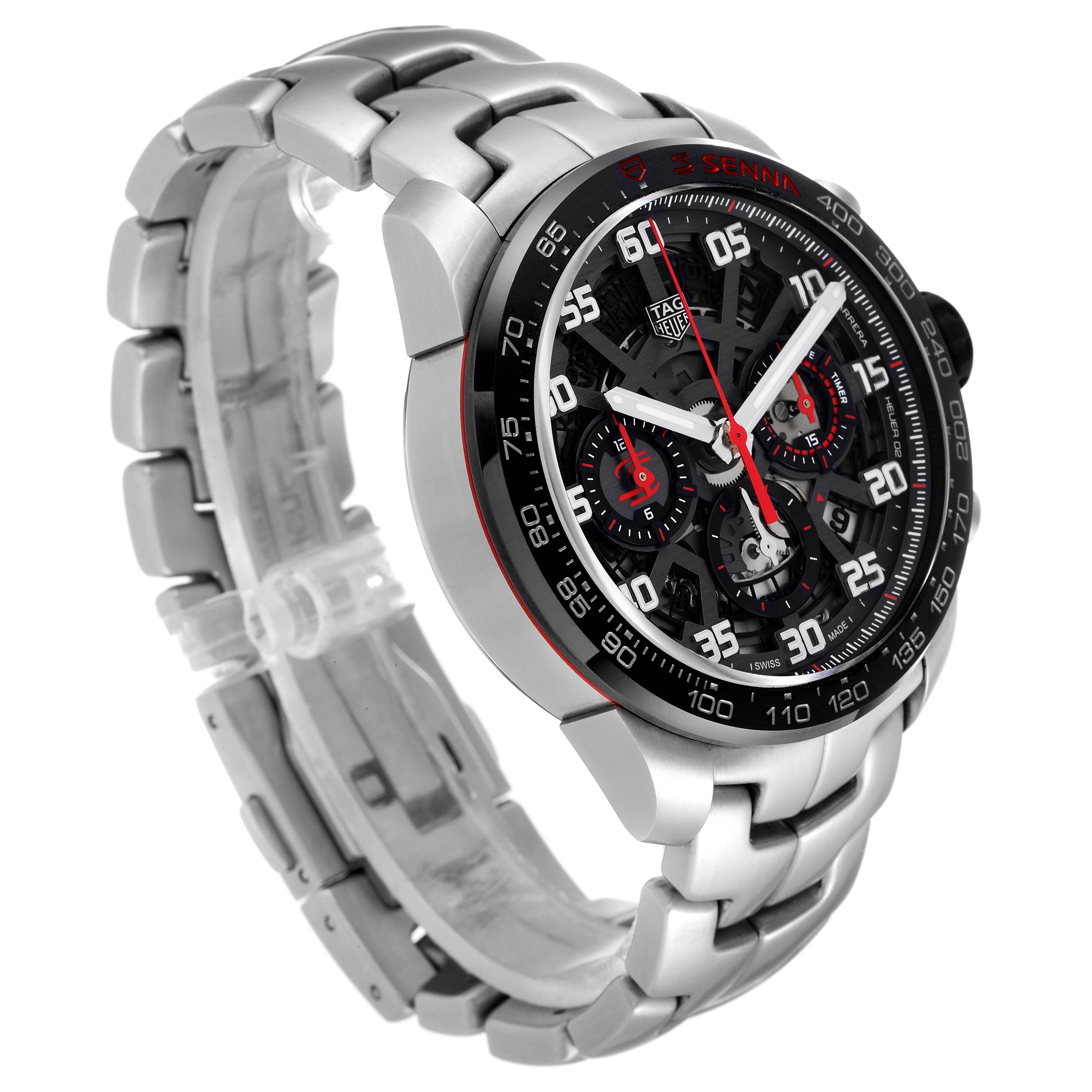 The image shows a Tag Heuer Carrera CBG2013 Men's Stainless Steel Transparent Dial CBG2013 Men's Stainless Steel Transparent Dial watch at a slight angle, highlighting its face, bezel, and bracelet.