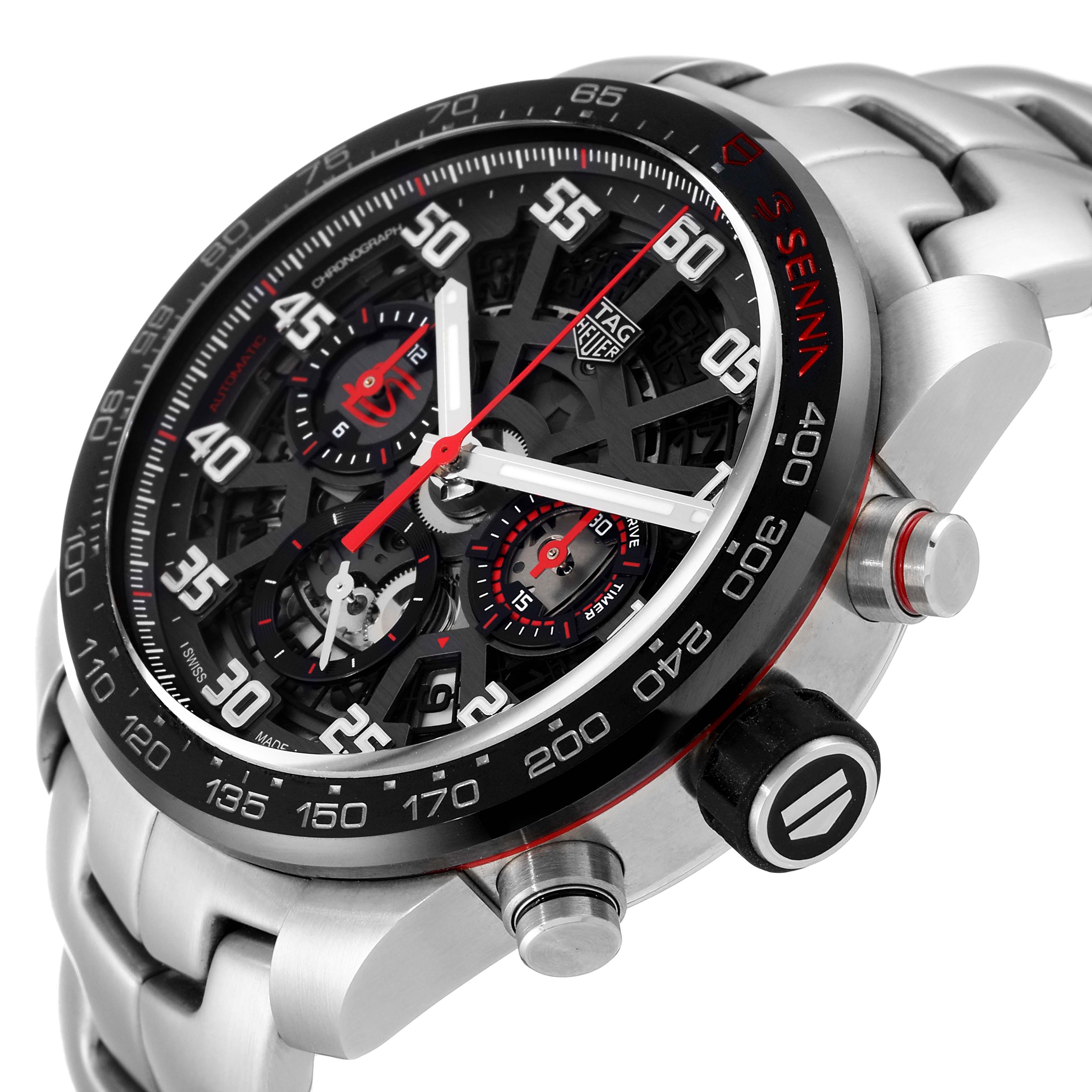 The image shows a close-up, angled view of the Tag Heuer Carrera CBG2013 Men's Stainless Steel Transparent Dial CBG2013 Men's Stainless Steel Transparent Dial watch, highlighting its face, bezel, and side buttons.