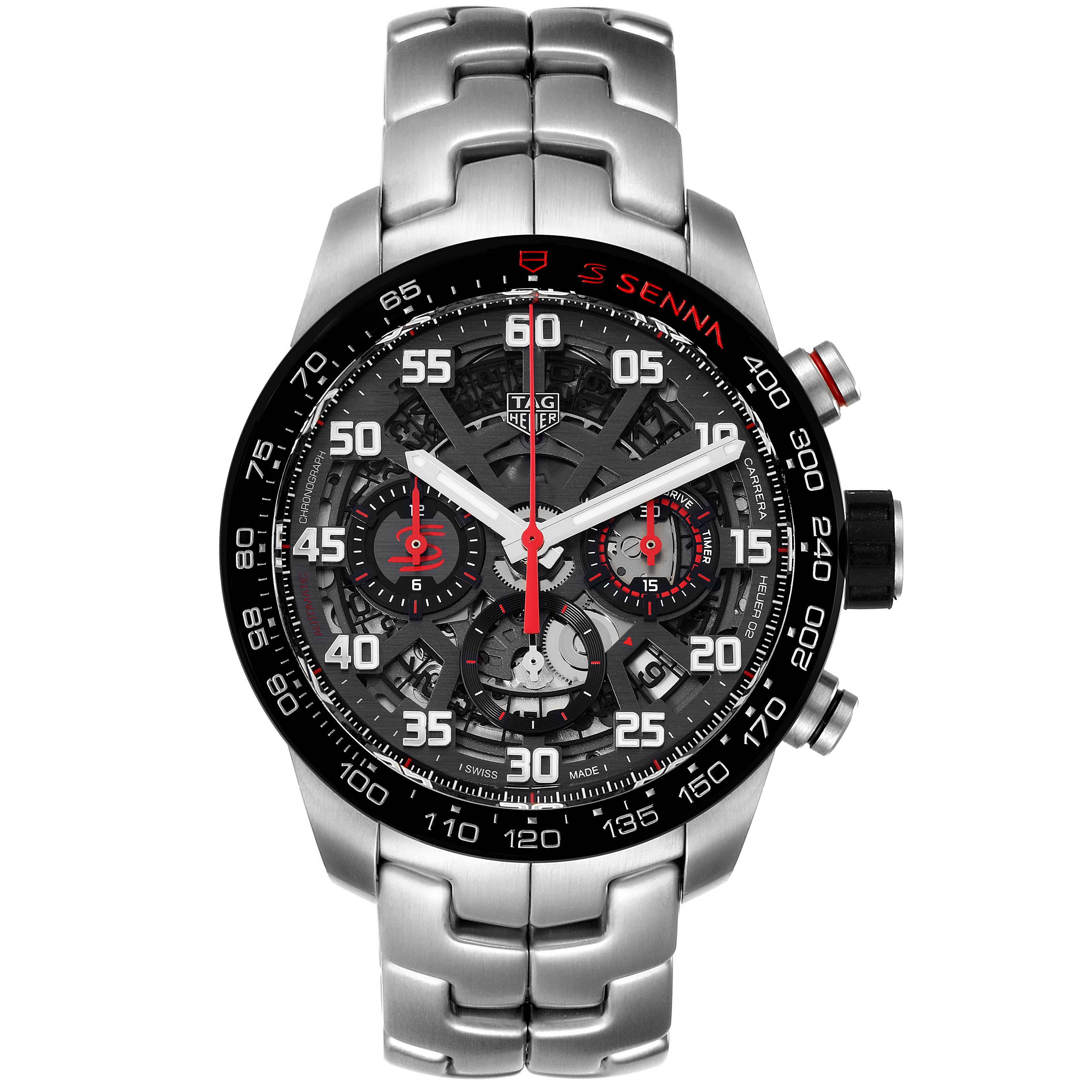 The image shows a frontal view of the Tag Heuer Carrera CBG2013 Men's Stainless Steel Transparent Dial CBG2013 Men's Stainless Steel Transparent Dial watch featuring a stainless steel band and a detailed dial.