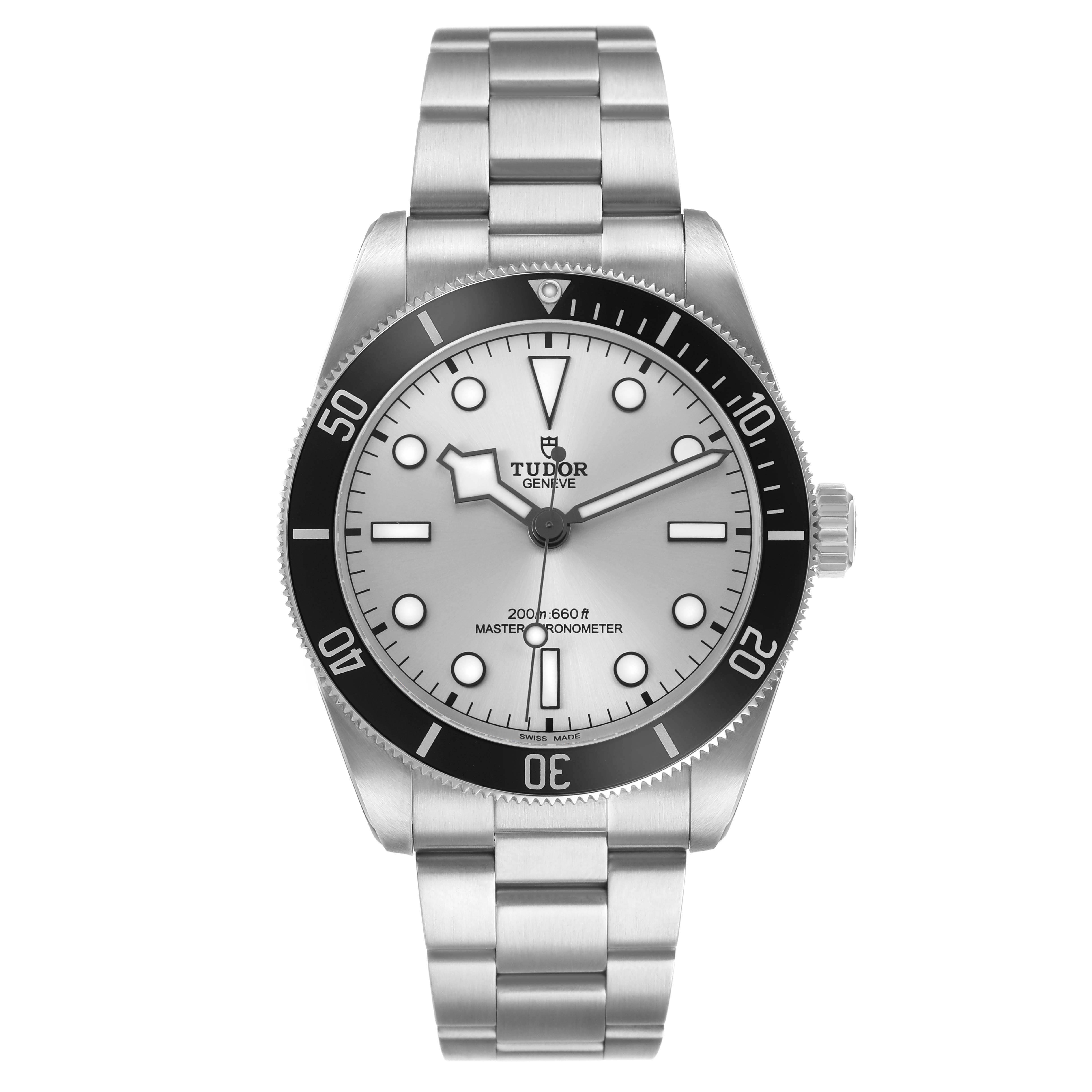 The Tudor Heritage Black Bay 7943A1A0NU Men's Stainless Steel Silver Dial watch is shown from a front angle, displaying its bracelet, bezel, and dial.