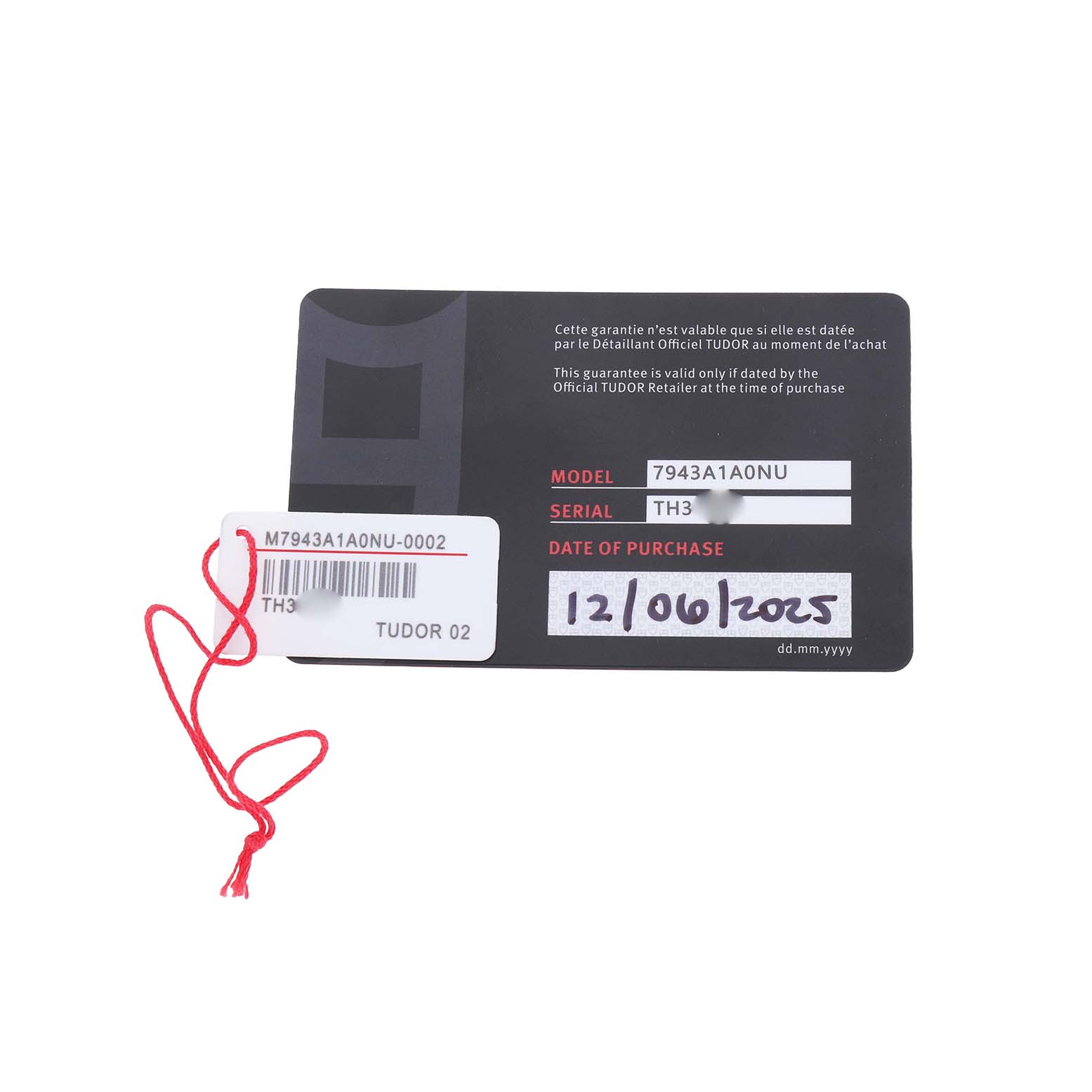 The image shows a warranty card and tag for the Tudor Heritage Black Bay 7943A1A0NU Men's Stainless Steel Silver Dial watch.