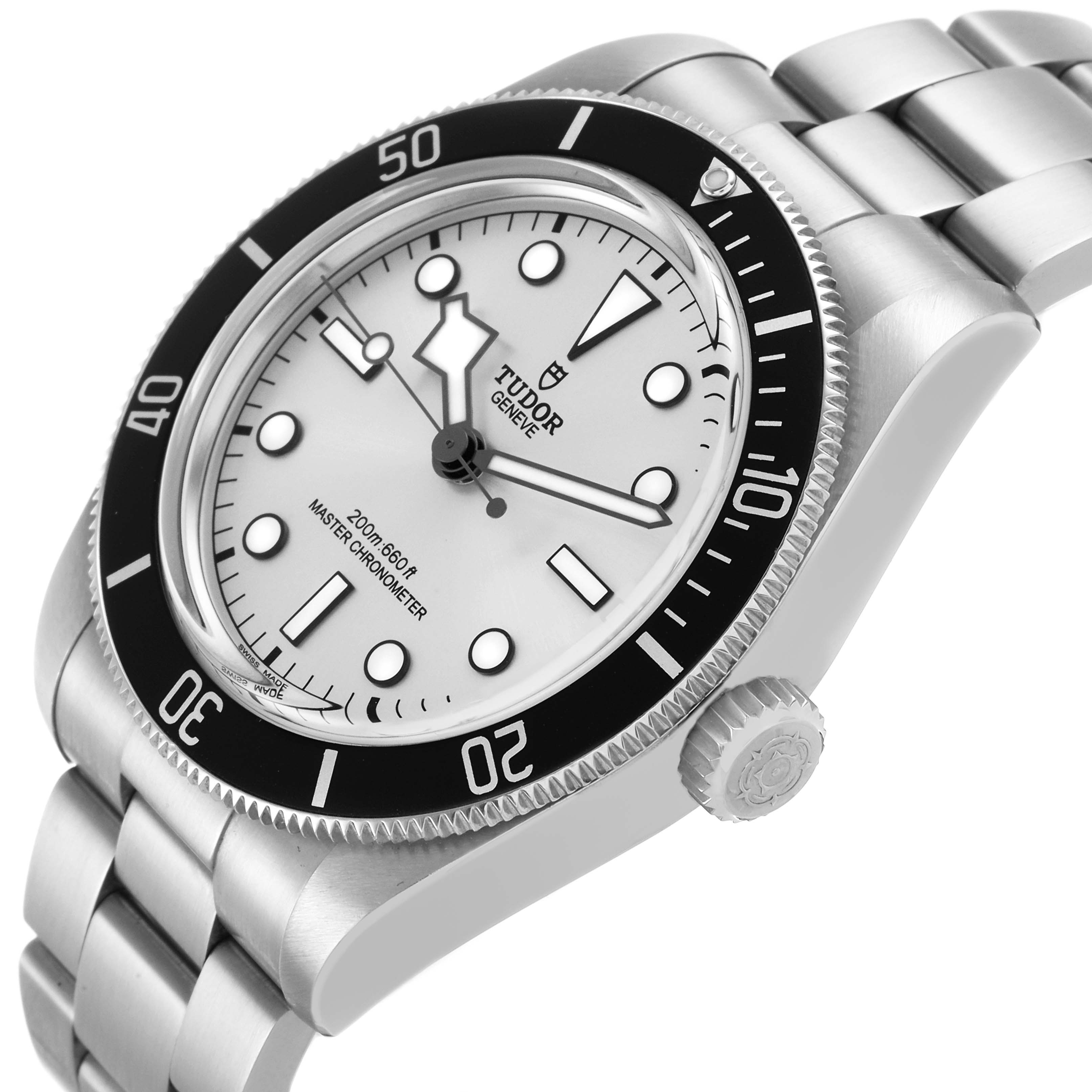 The Tudor Heritage Black Bay 7943A1A0NU Men's Stainless Steel Silver Dial watch is shown at a slight angle, displaying the dial, bezel, crown, and bracelet.