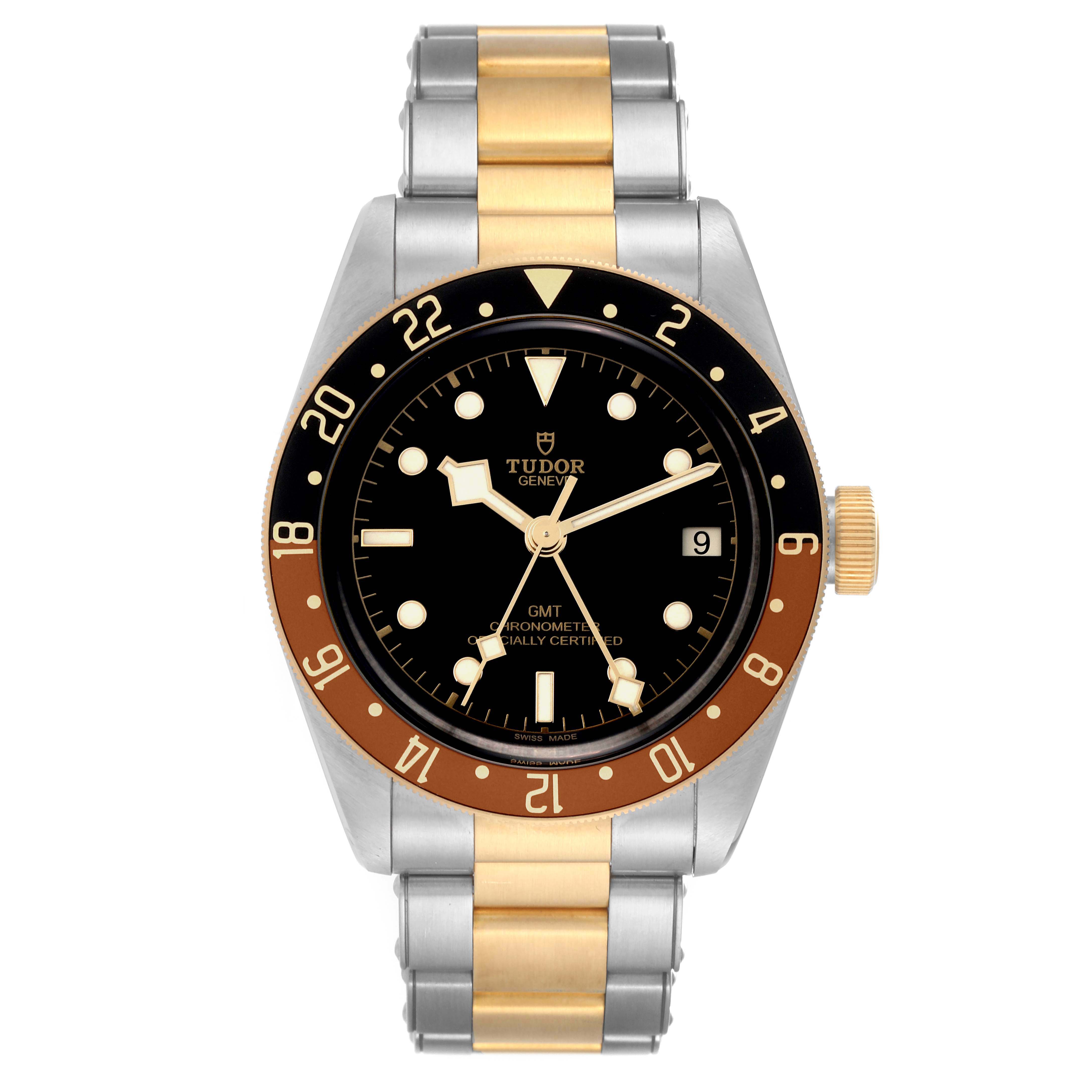 The image shows a front view of the Tudor Heritage Black Bay 79833MN Men's Steel and Gold (two tone) Black Dial 79833MN Men's Steel and Gold (two tone) Black Dial watch, featuring a black dial and two-tone bracelet.