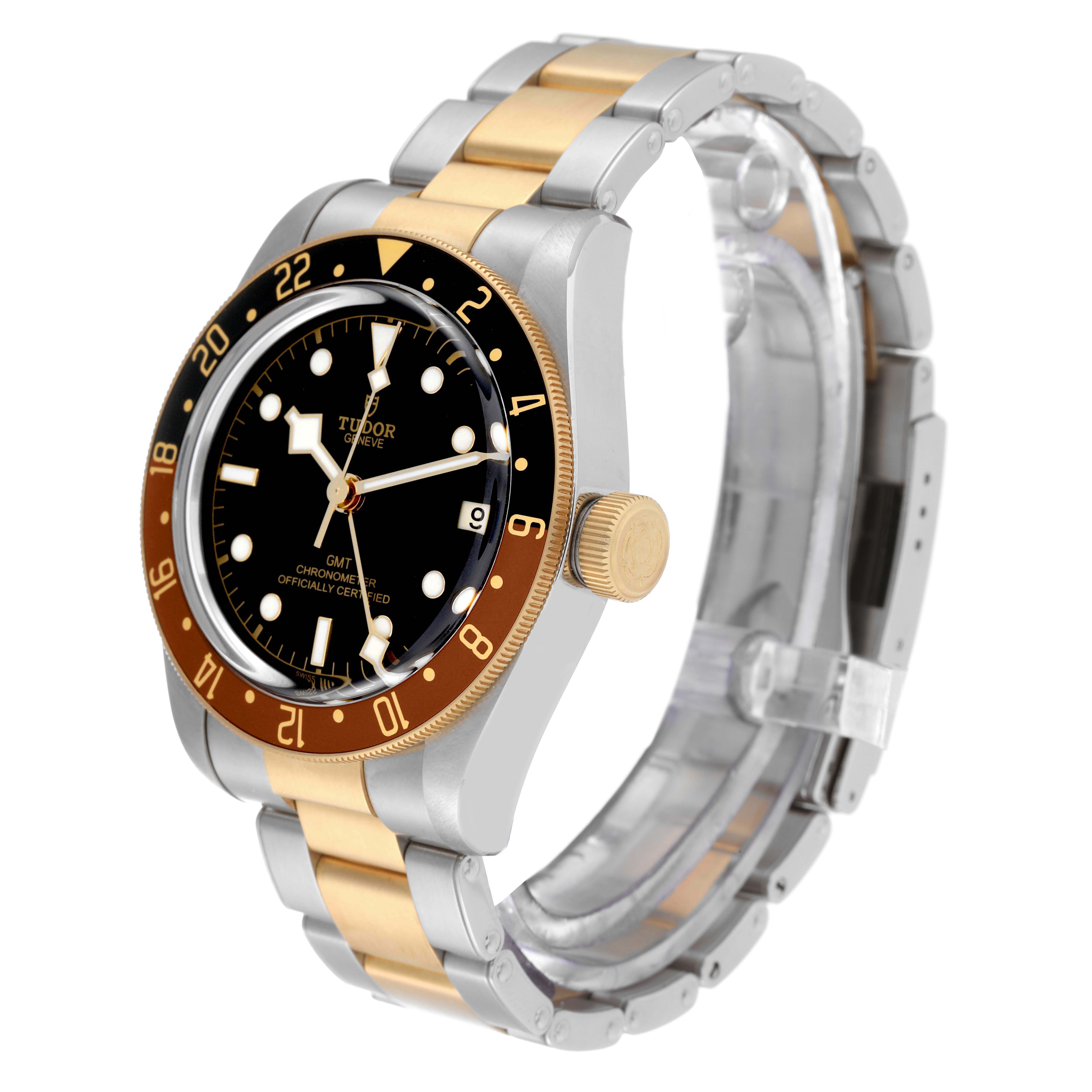 The image shows the Tudor Heritage Black Bay 79833MN Men's Steel and Gold (two tone) Black Dial 79833MN Men's Steel and Gold (two tone) Black Dial watch at a three-quarter angle, highlighting the bezel, dial, crown, and bracelet.