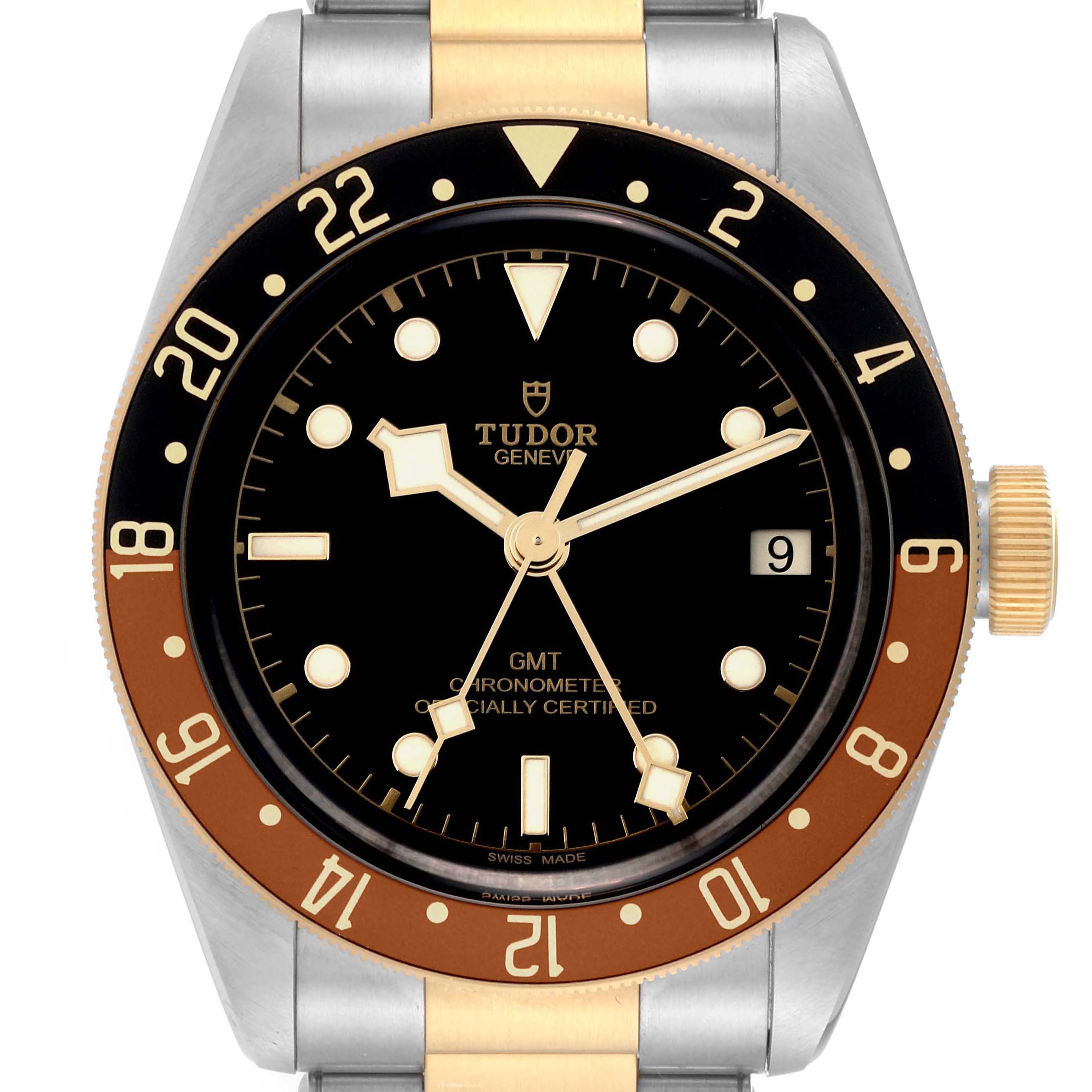 The image shows a frontal view of the Tudor Heritage Black Bay 79833MN Men's Steel and Gold (two tone) Black Dial 79833MN Men's Steel and Gold (two tone) Black Dial GMT watch, highlighting its bezel, dial, and date window.