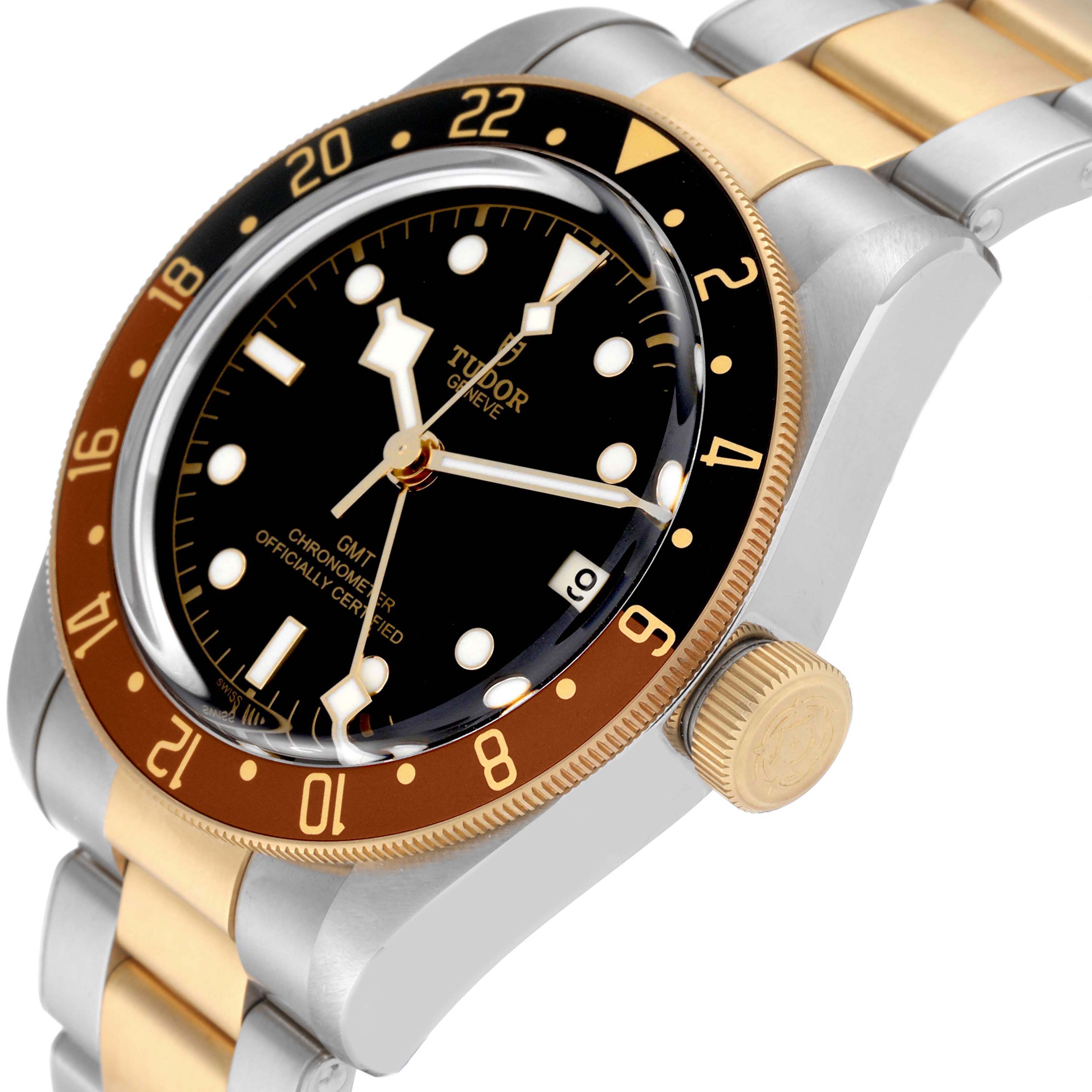 This image shows a close-up side angle of the Tudor Heritage Black Bay 79833MN Men's Steel and Gold (two tone) Black Dial 79833MN Men's Steel and Gold (two tone) Black Dial watch, displaying the dial, bezel, case, and bracelet.