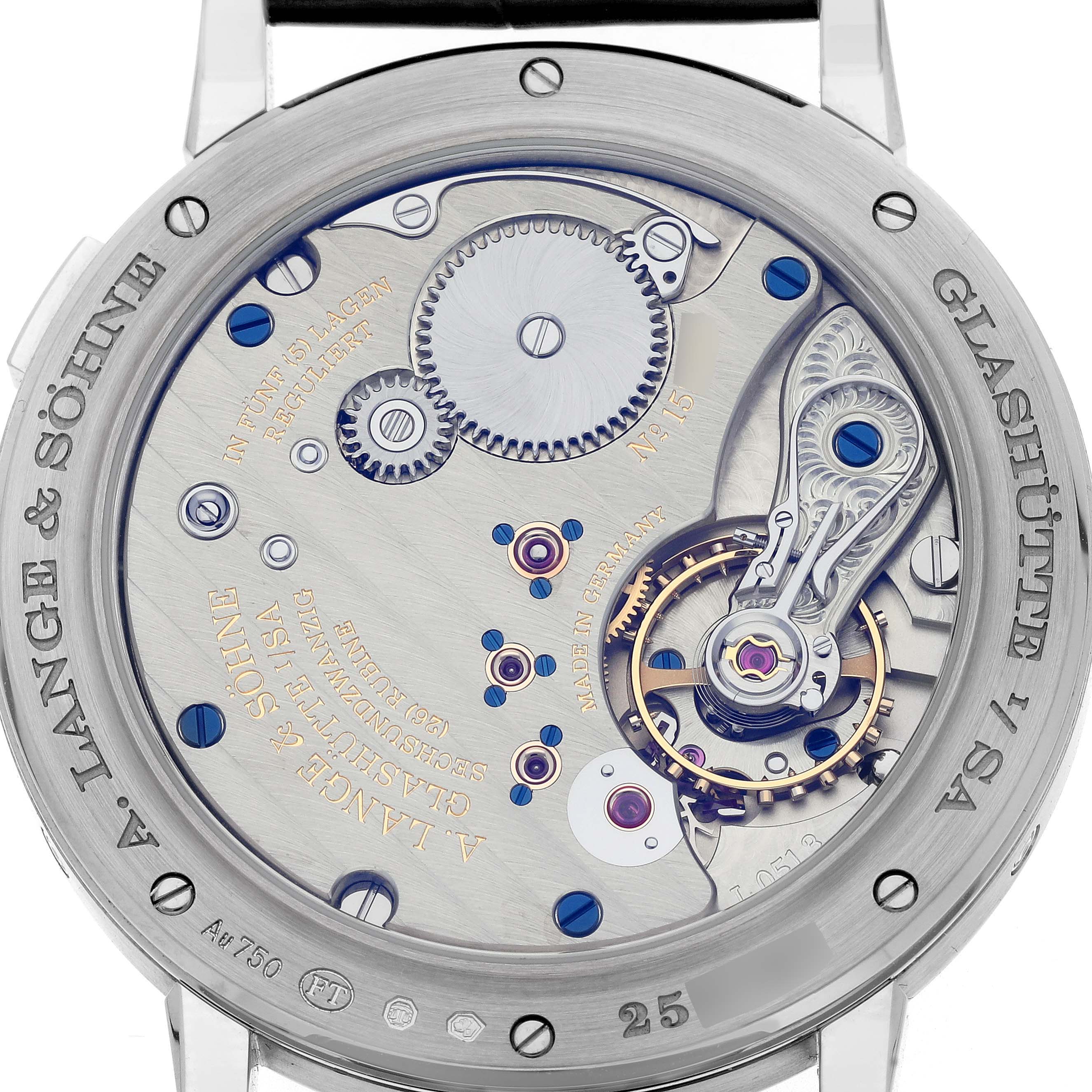 This image shows the back view of the A. Lange 
Sohne 1815 238.026/LSLS2383AP Men
s White Gold Silver Dial model, highlighting its intricate movement and gears.