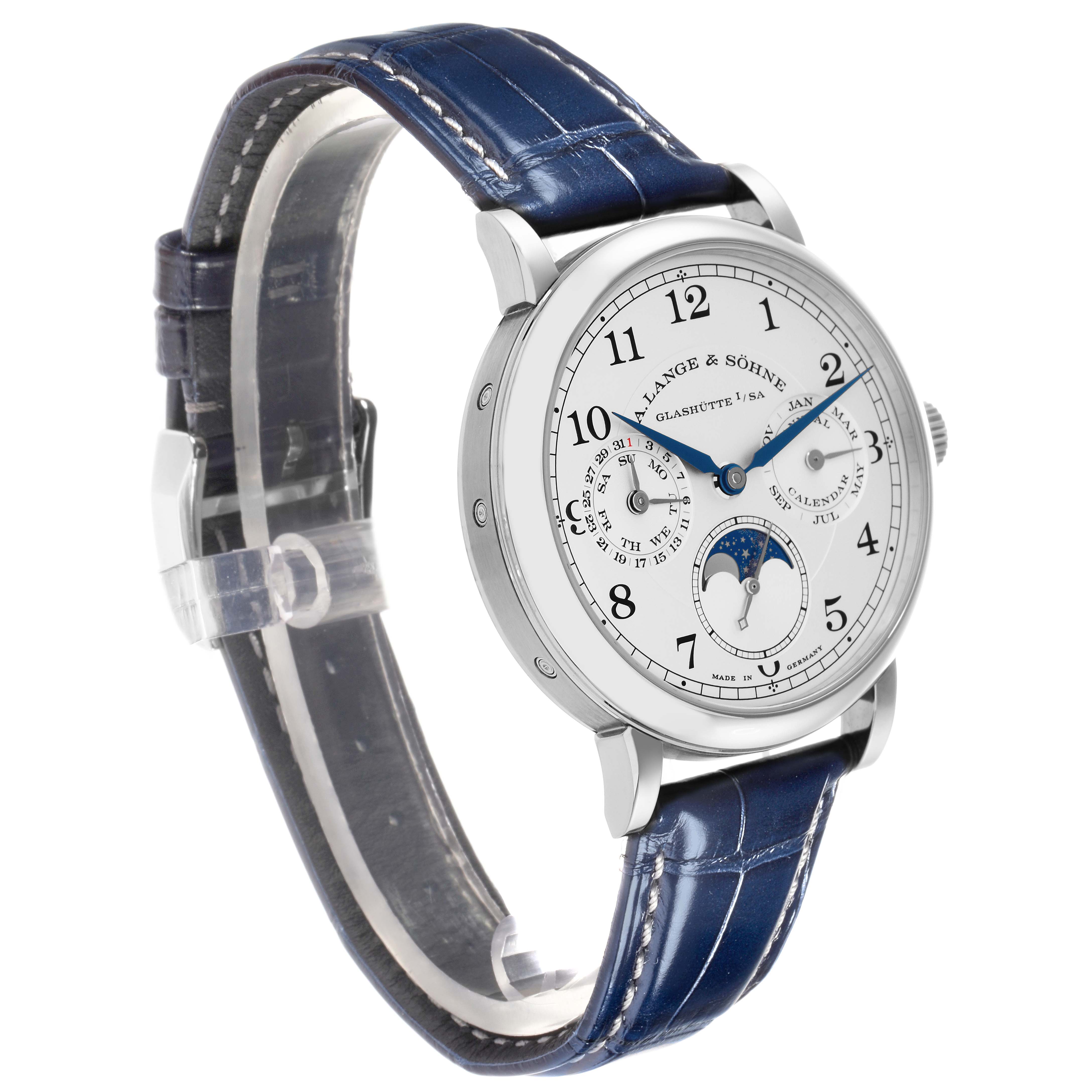 The A. Lange 
Sohne 1815 238.026/LSLS2383AP Men
s White Gold Silver Dial watch is shown at a slight angle, displaying the face, side, and blue strap.