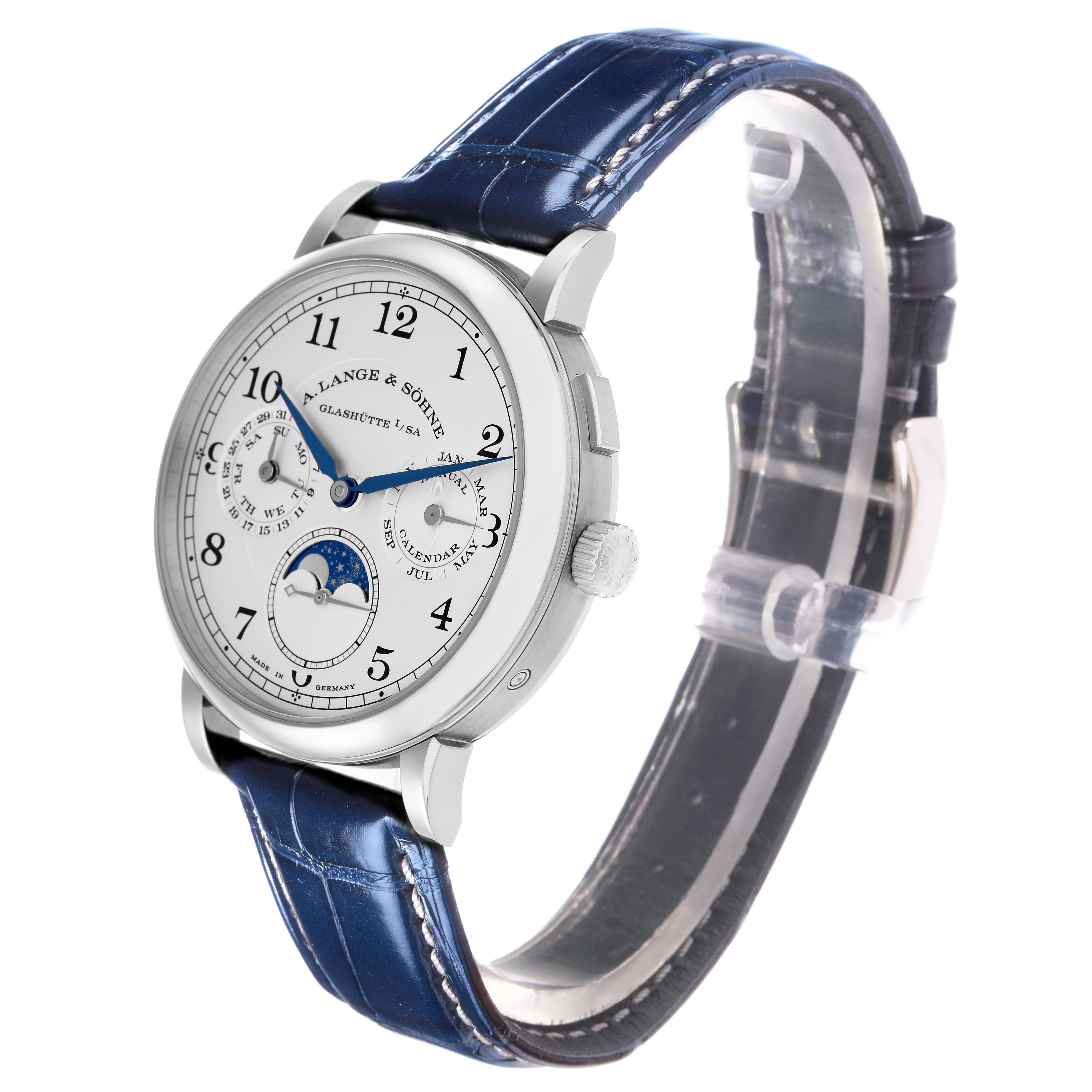 The A. Lange 
Sohne 1815 238.026/LSLS2383AP Men
s White Gold Silver Dial watch is shown at a side angle, highlighting the dial, case, crown, and blue leather strap.
