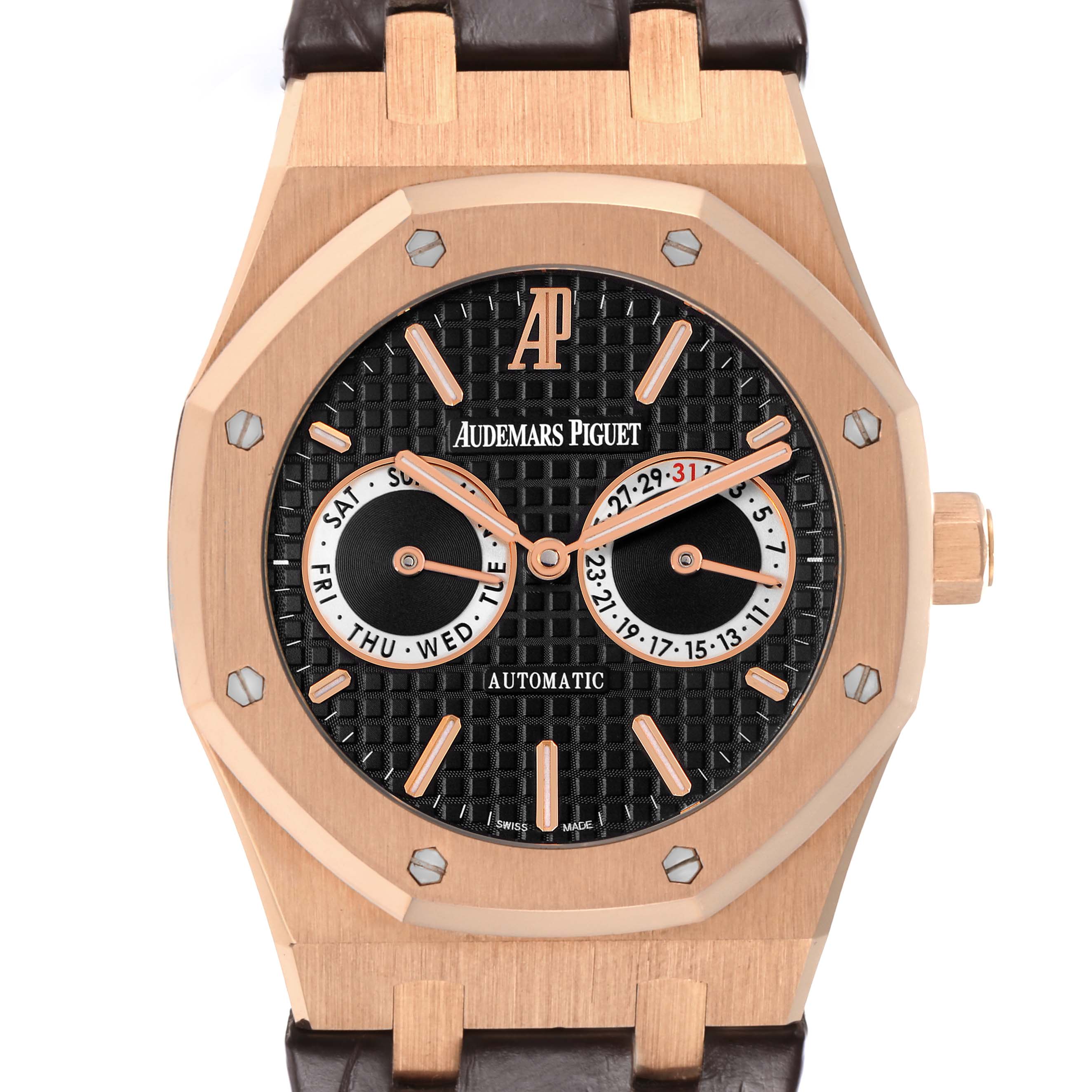 The Audemars Piguet Royal Oak 26330OR.OO.D088CR.01 Men
s Rose Gold Black Dial 26330OR.OO.D088CR.01 Men
s Rose Gold Black Dial watch is shown from the front, displaying its octagonal bezel, dial, and sub-dials.