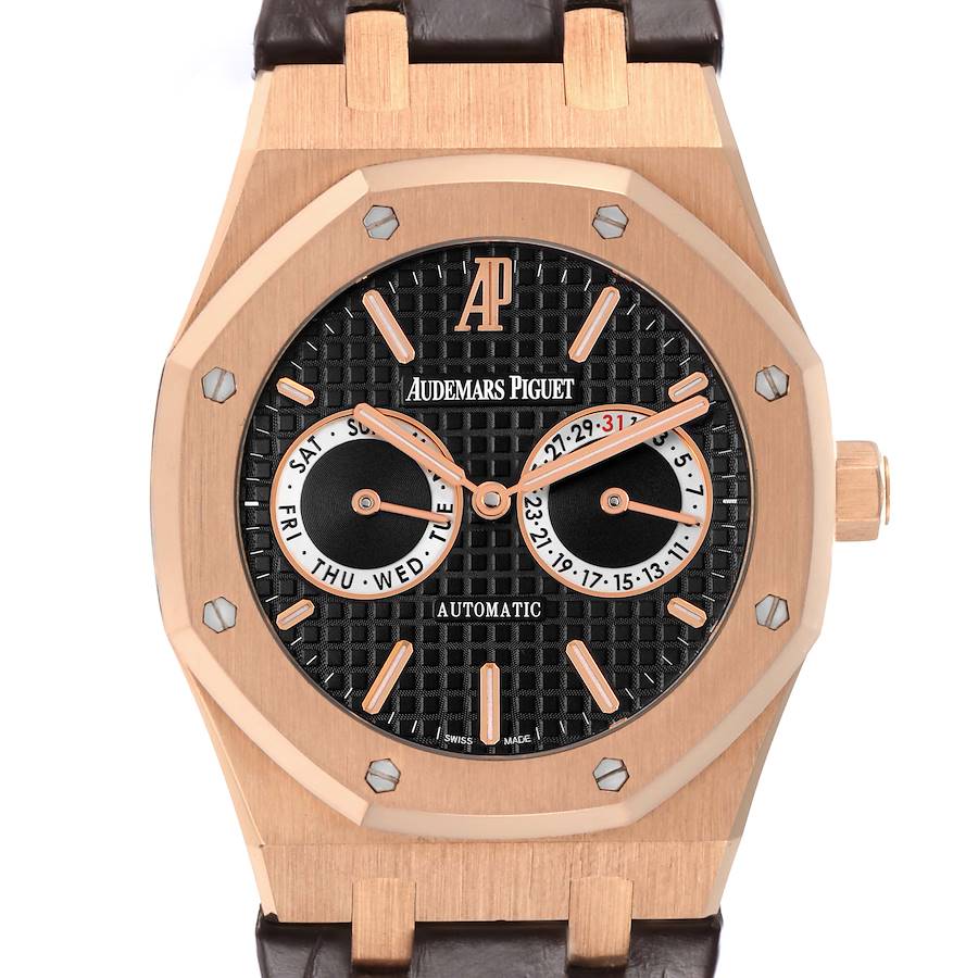 The Audemars Piguet Royal Oak watch is shown from the front, displaying its octagonal bezel, dial, and sub-dials.