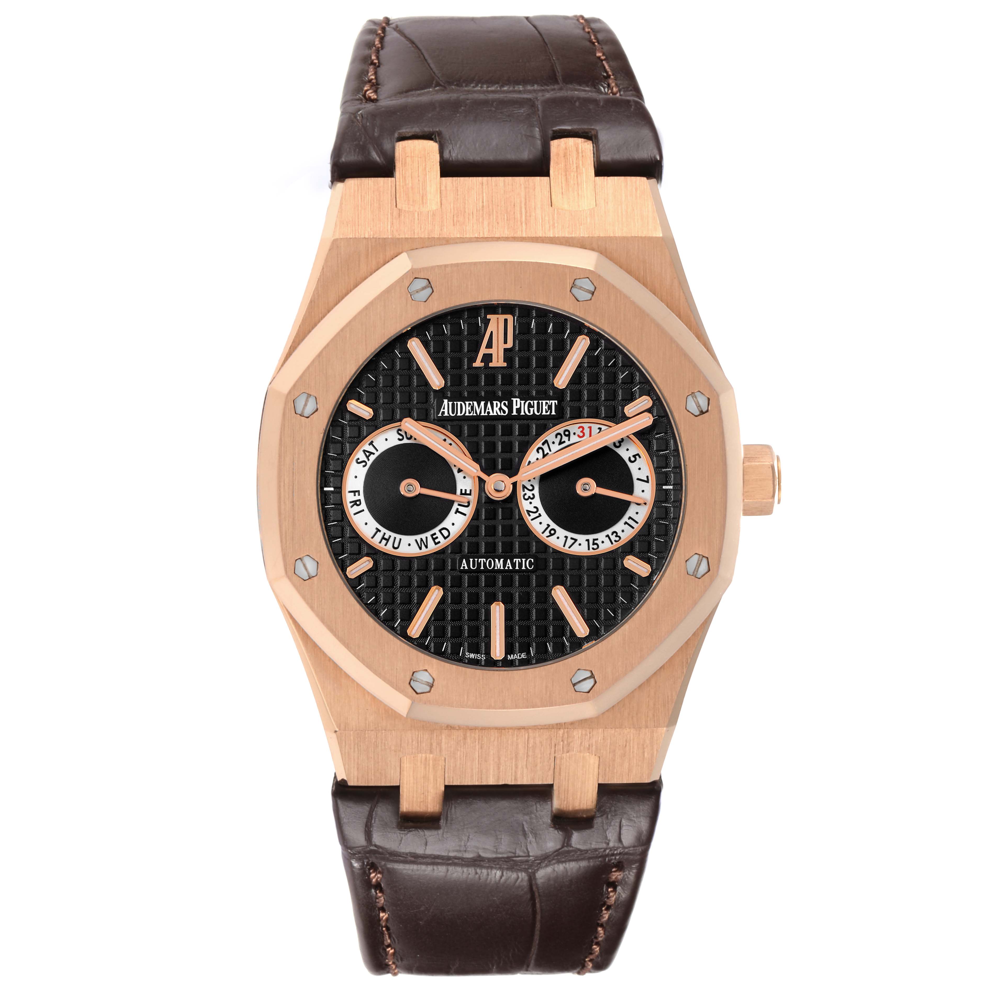 The image shows a front view of the Audemars Piguet Royal Oak 26330OR.OO.D088CR.01 Men
s Rose Gold Black Dial 26330OR.OO.D088CR.01 Men
s Rose Gold Black Dial watch, highlighting the case, dial, and leather strap.