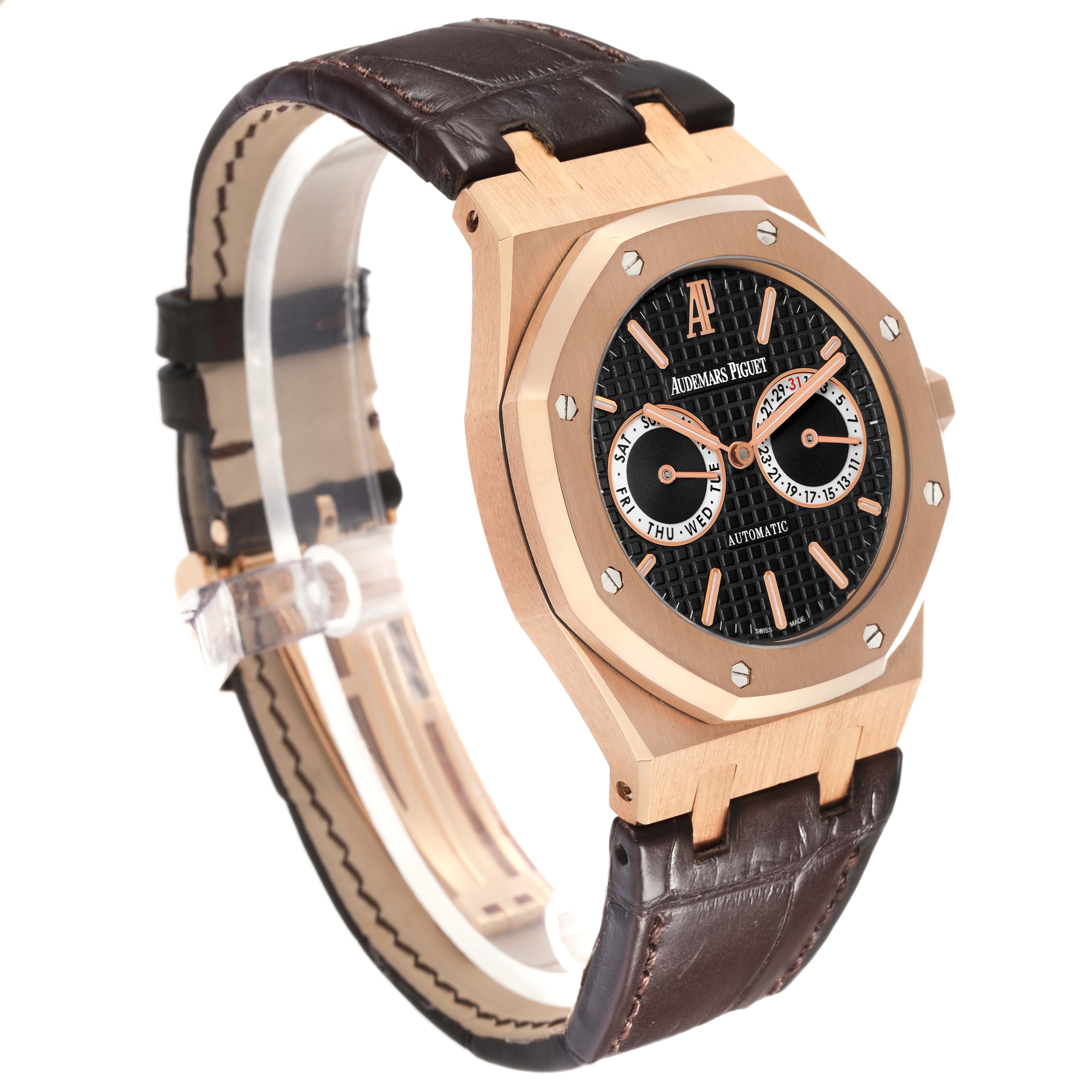 The Audemars Piguet Royal Oak 26330OR.OO.D088CR.01 Men
s Rose Gold Black Dial 26330OR.OO.D088CR.01 Men
s Rose Gold Black Dial watch is shown at a three-quarter angle, highlighting the case, bezel, and leather strap.