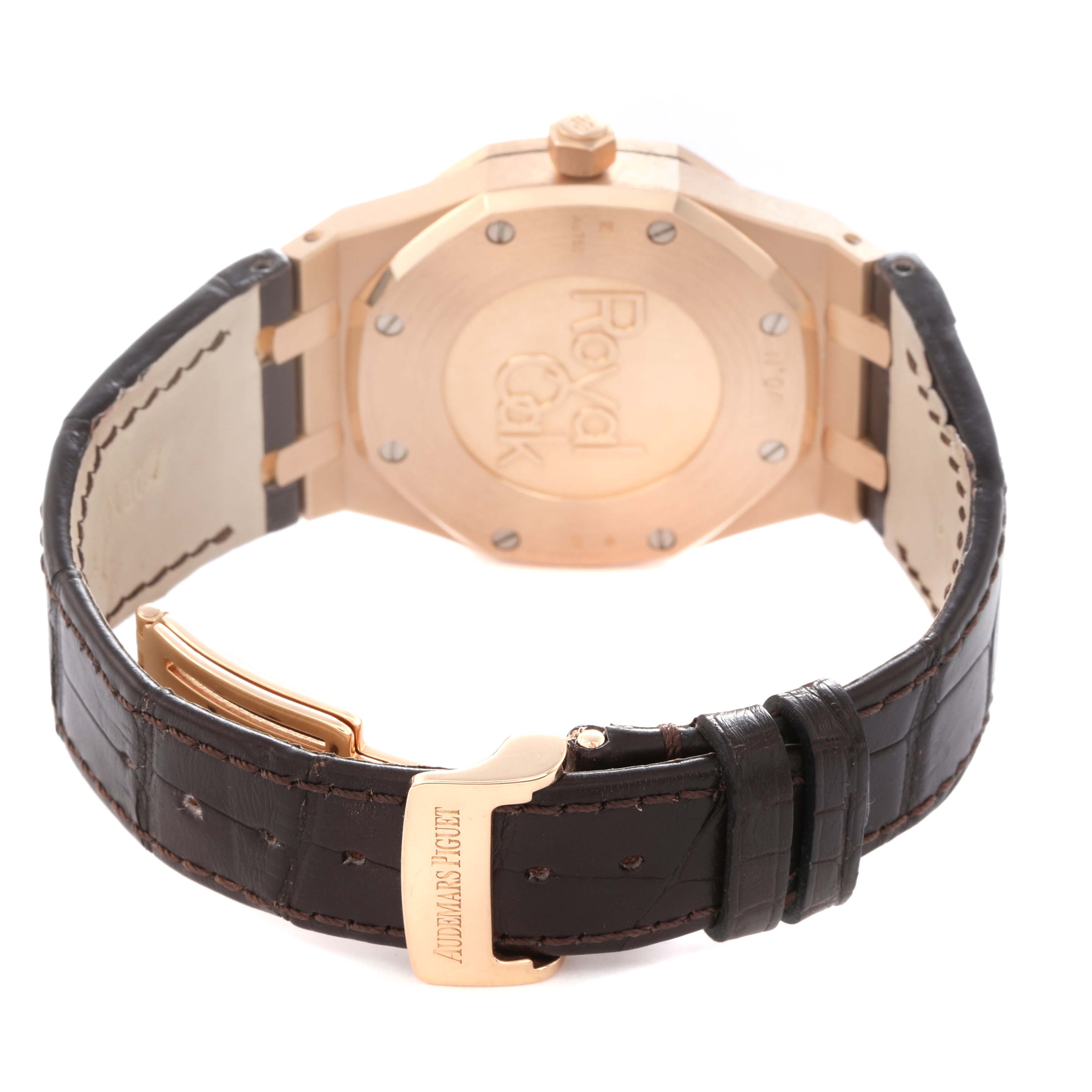 The image shows the back case and clasp of an Audemars Piguet Royal Oak 26330OR.OO.D088CR.01 Men
s Rose Gold Black Dial 26330OR.OO.D088CR.01 Men
s Rose Gold Black Dial watch, emphasizing the caseback and leather strap.