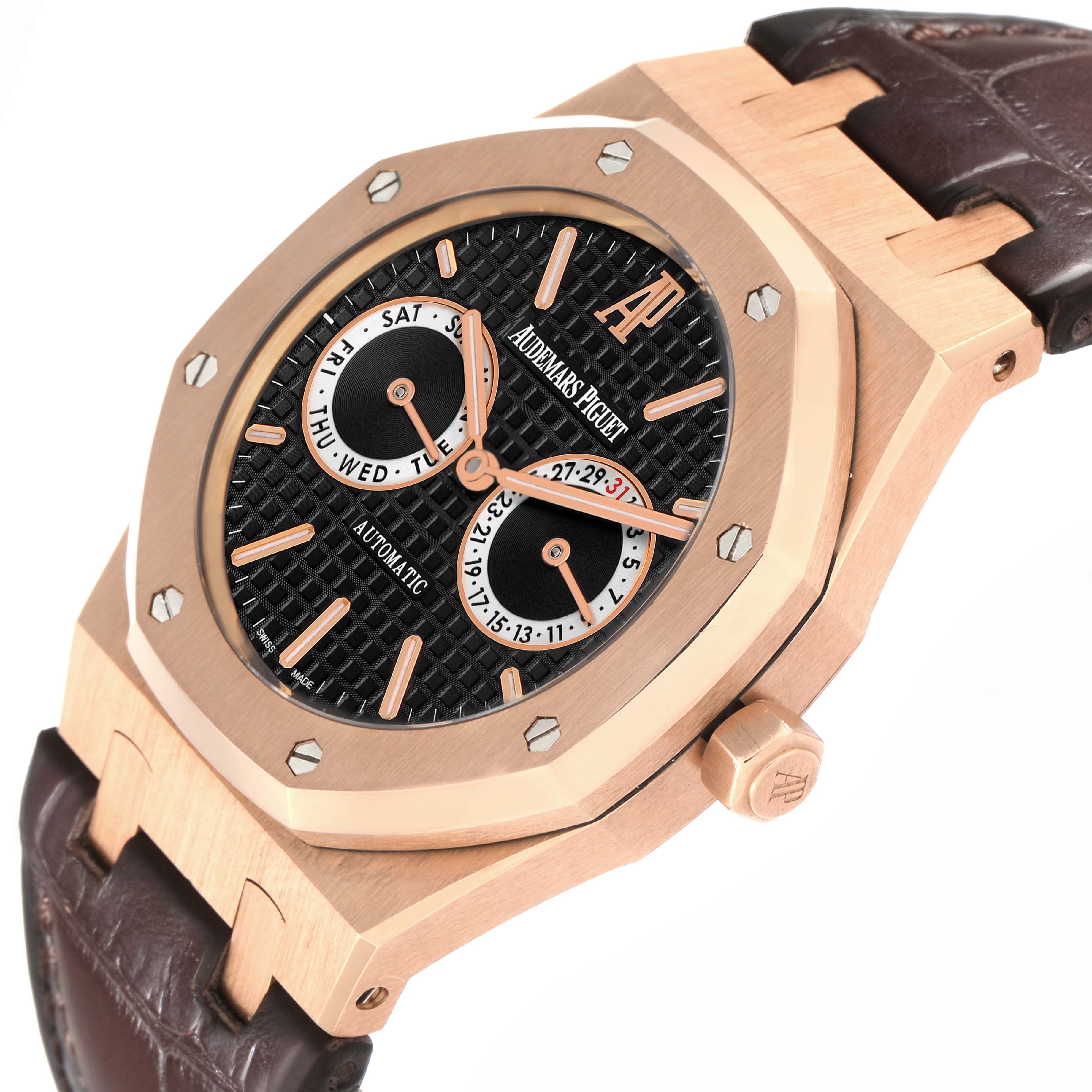 The Audemars Piguet Royal Oak 26330OR.OO.D088CR.01 Men
s Rose Gold Black Dial 26330OR.OO.D088CR.01 Men
s Rose Gold Black Dial watch is shown at an angle, highlighting its octagonal bezel, dial, and crown on a leather strap.