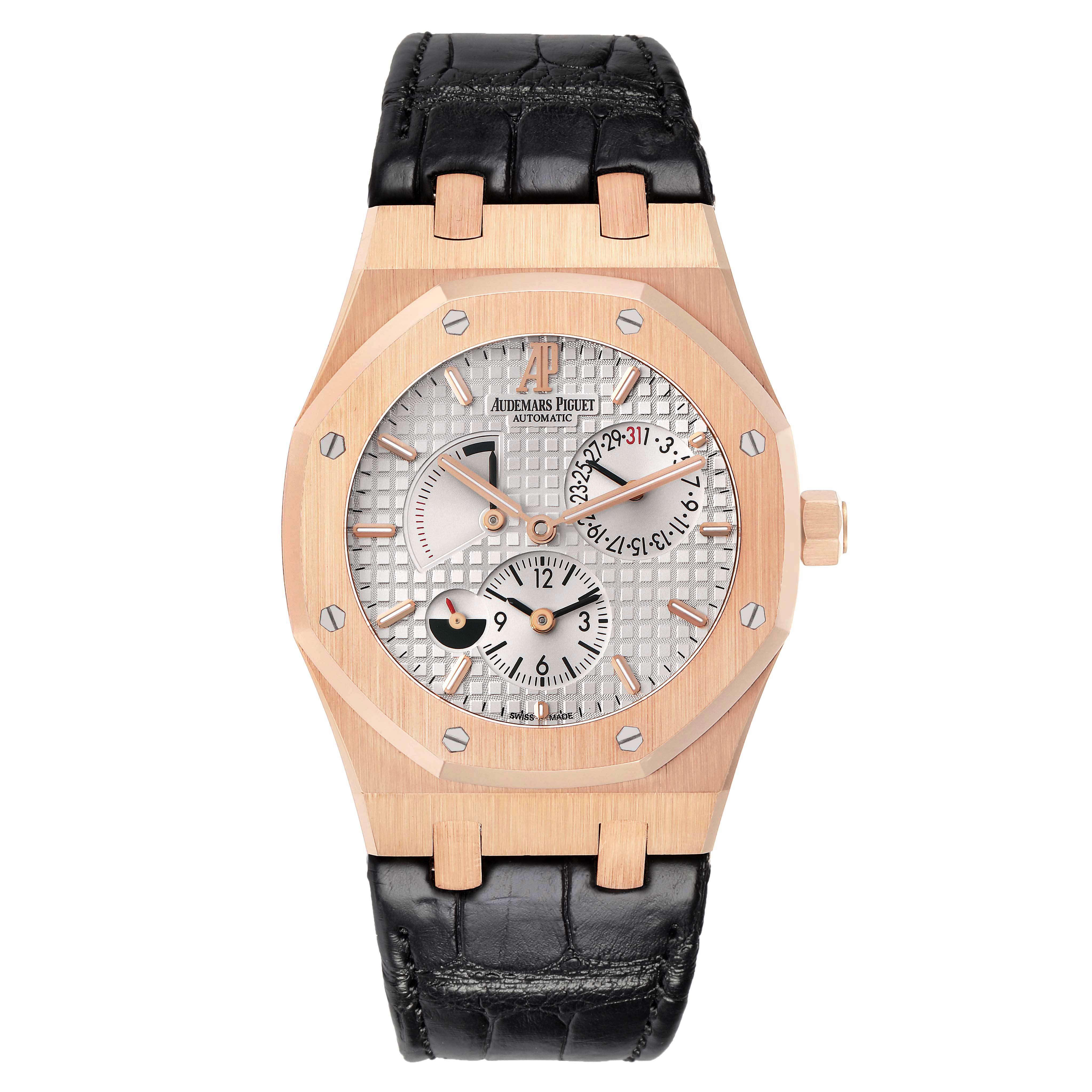 The Audemars Piguet Royal Oak 26120OR.OO.D088CR.01 Men
s Rose Gold Silver Dial watch is shown from a frontal angle, displaying its dial, bezel, and strap.