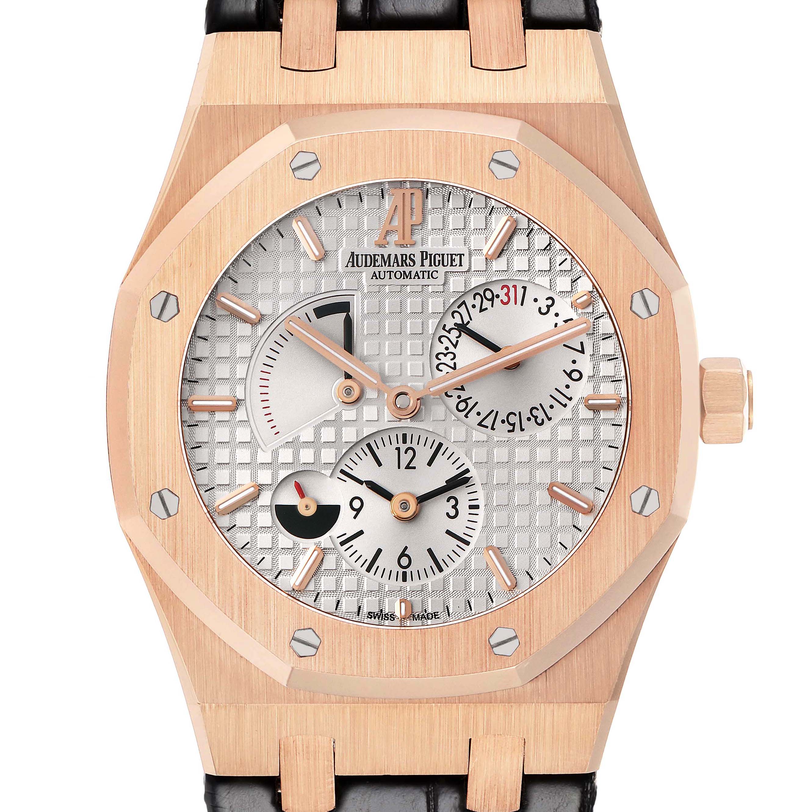This Audemars Piguet Royal Oak 26120OR.OO.D088CR.01 Men
s Rose Gold Silver Dial watch is shown from the front, featuring its octagonal bezel and three subdials.