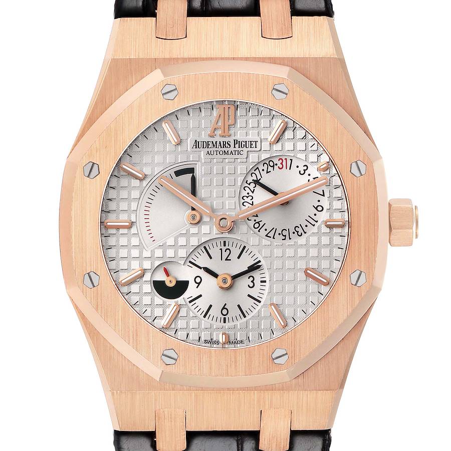 This Audemars Piguet Royal Oak 26120OR.OO.D088CR.01 Men's Rose Gold Silver Dial watch is shown from the front, featuring its octagonal bezel and three subdials.