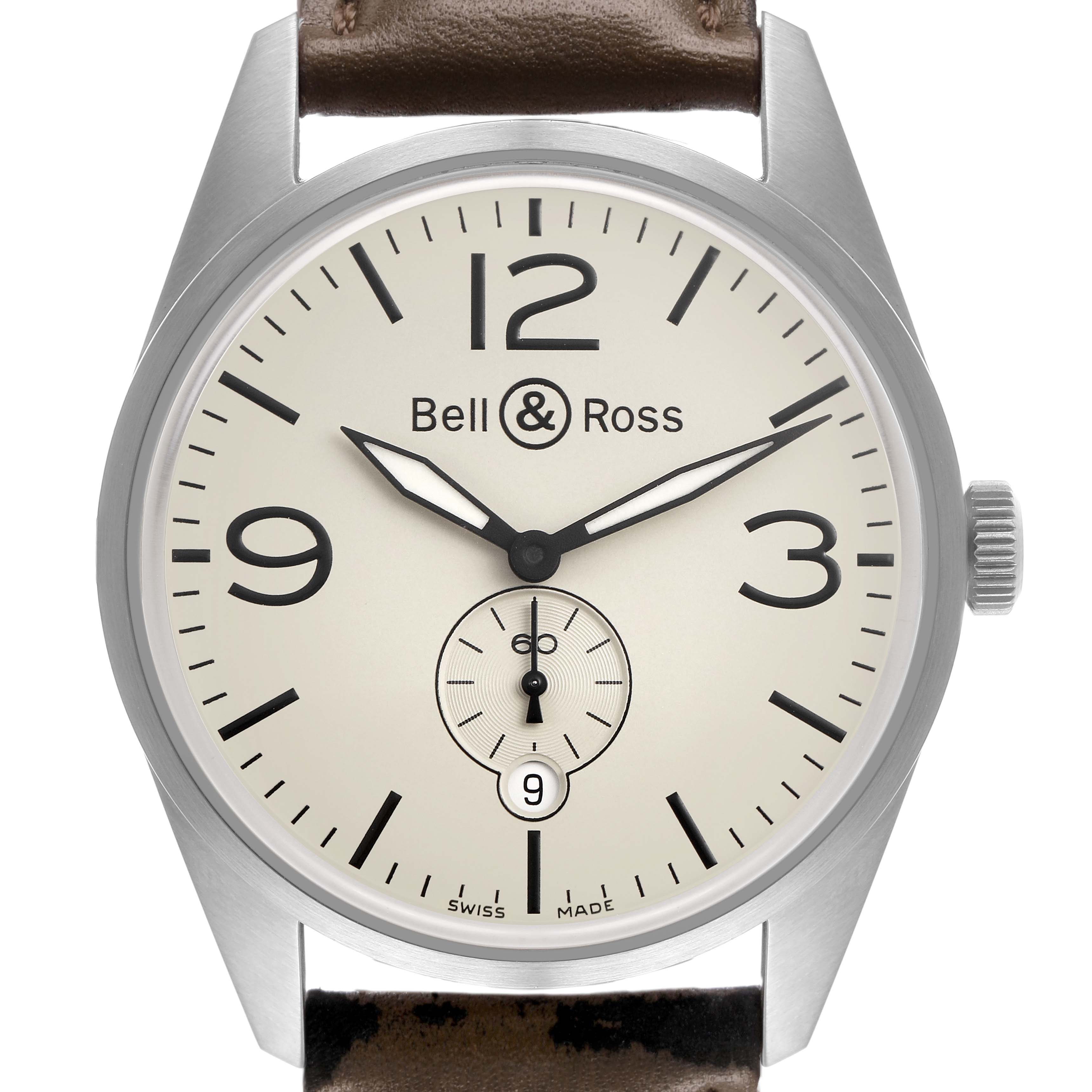 The Bell & Ross Vintage BR123 Men's Stainless Steel Beige Dial model watch is shown from a front view, highlighting its dial, hands, and crown.