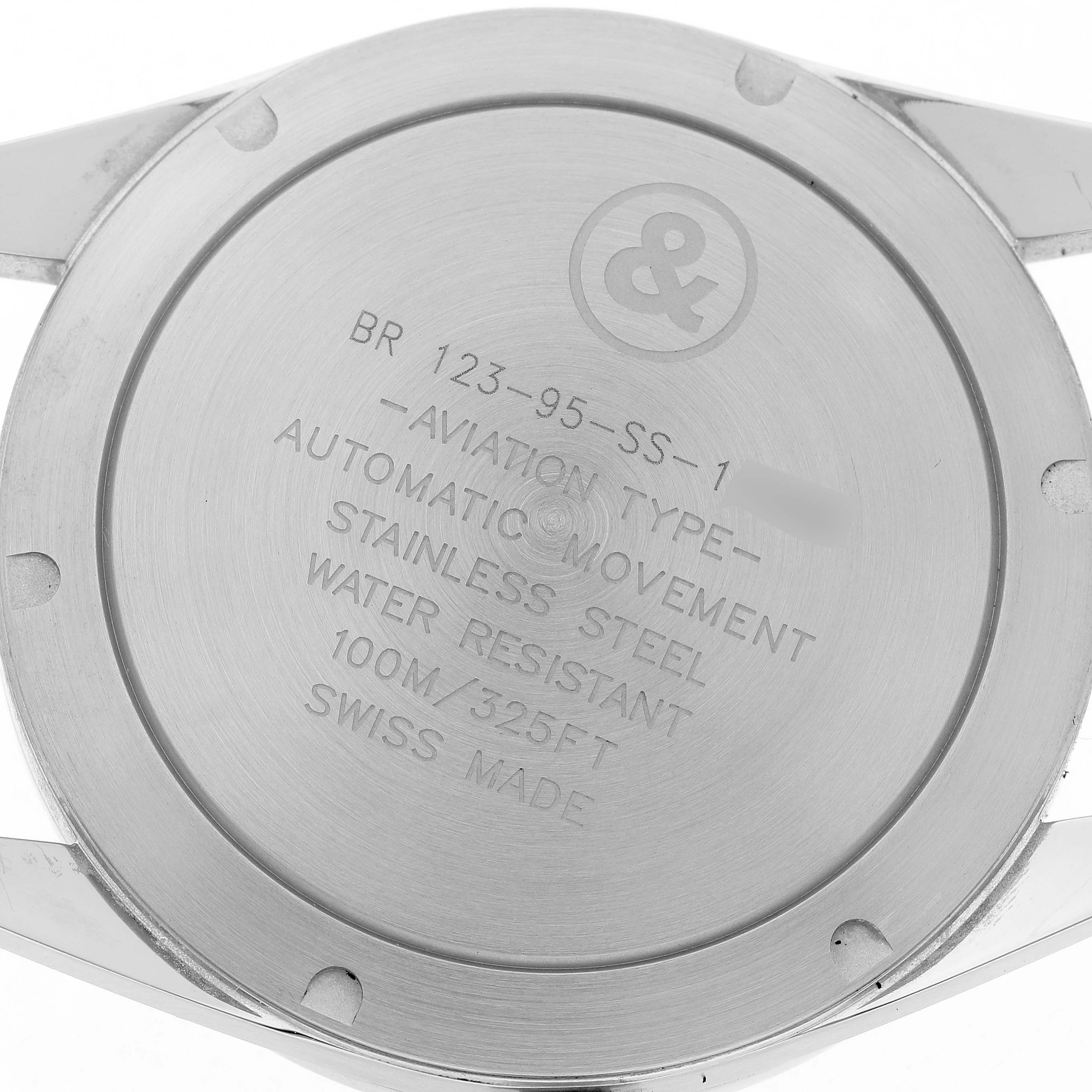 The image shows the back of a Bell & Ross Vintage BR123 Men's Stainless Steel Beige Dial model watch, displaying engraving details.