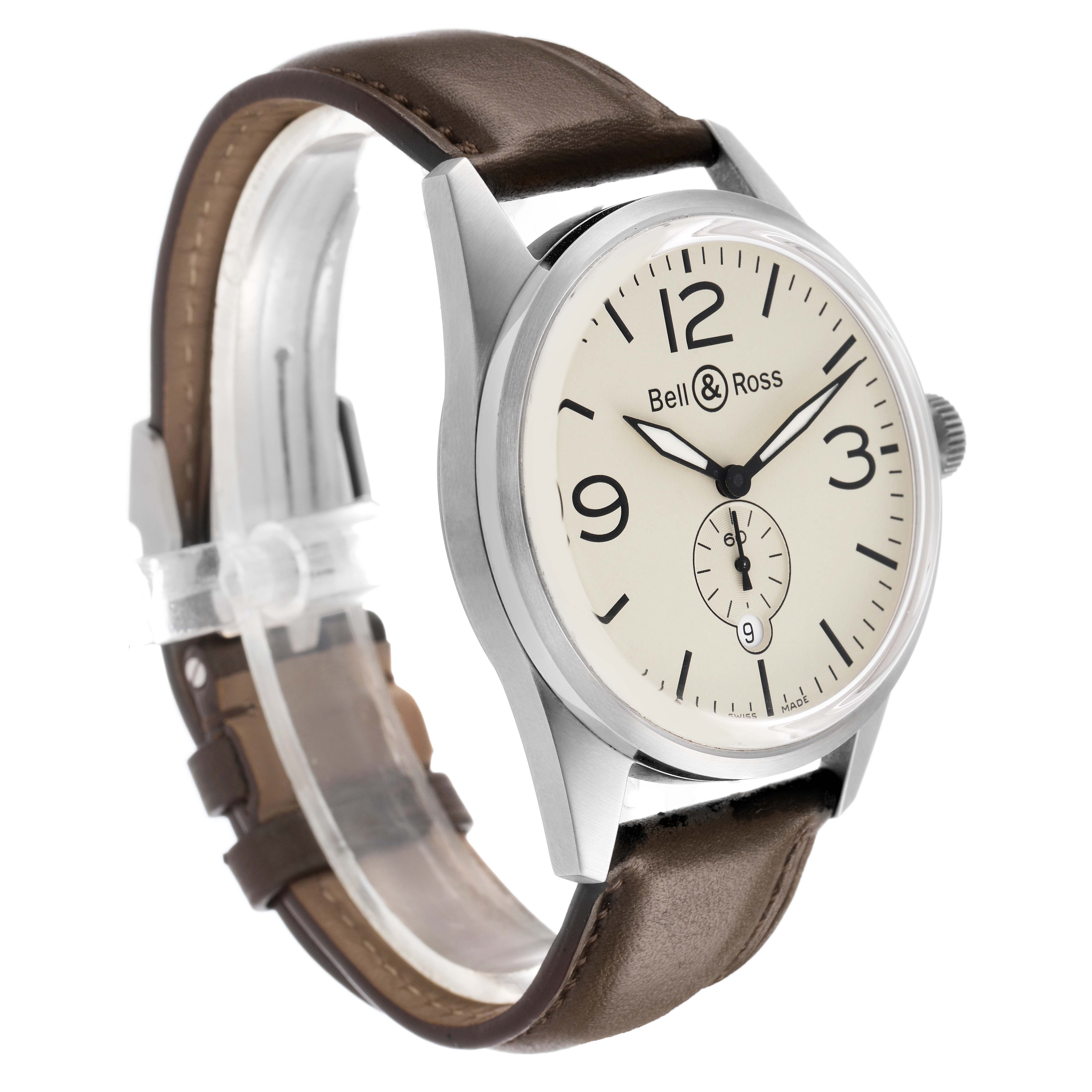 The Bell & Ross Vintage BR123 Men's Stainless Steel Beige Dial model watch is shown from a three-quarter angle, highlighting the face, bezel, crown, and brown leather strap.