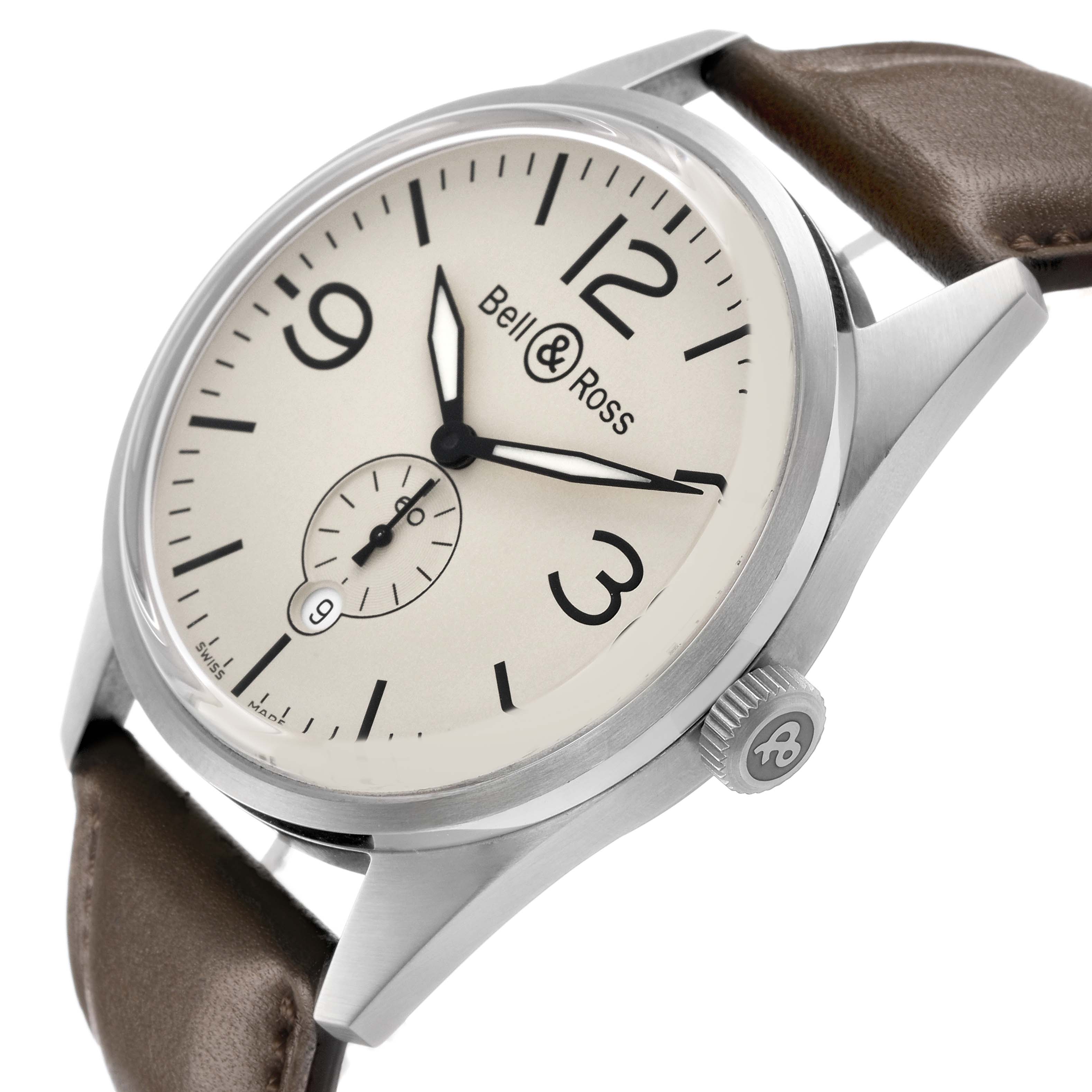 The Bell & Ross Vintage BR123 Men's Stainless Steel Beige Dial watch is shown at an angled side view highlighting the face, bezel, crown, and leather strap.