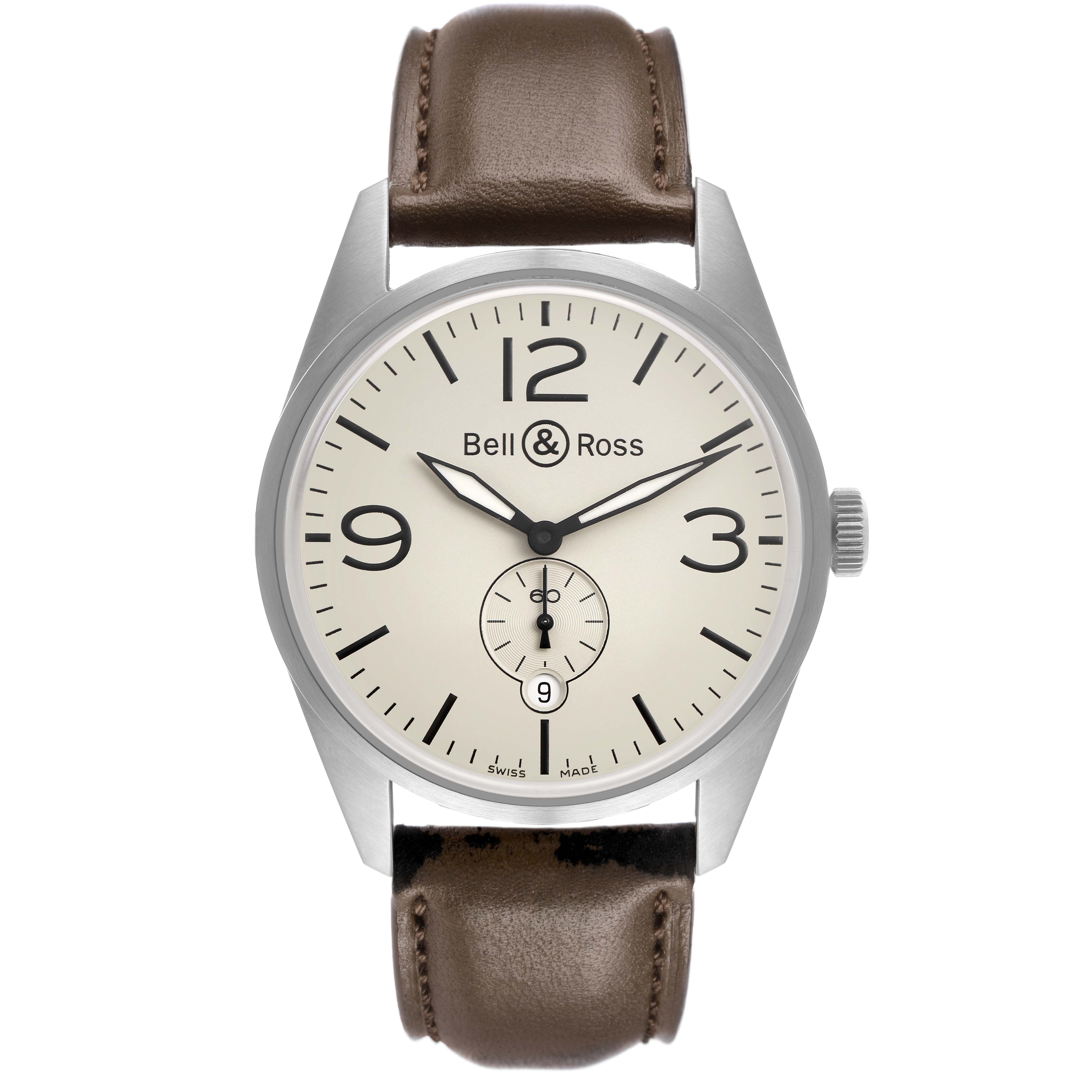 The Bell & Ross Vintage BR123 Men's Stainless Steel Beige Dial model is shown from a front angle, highlighting its dial and brown leather strap.