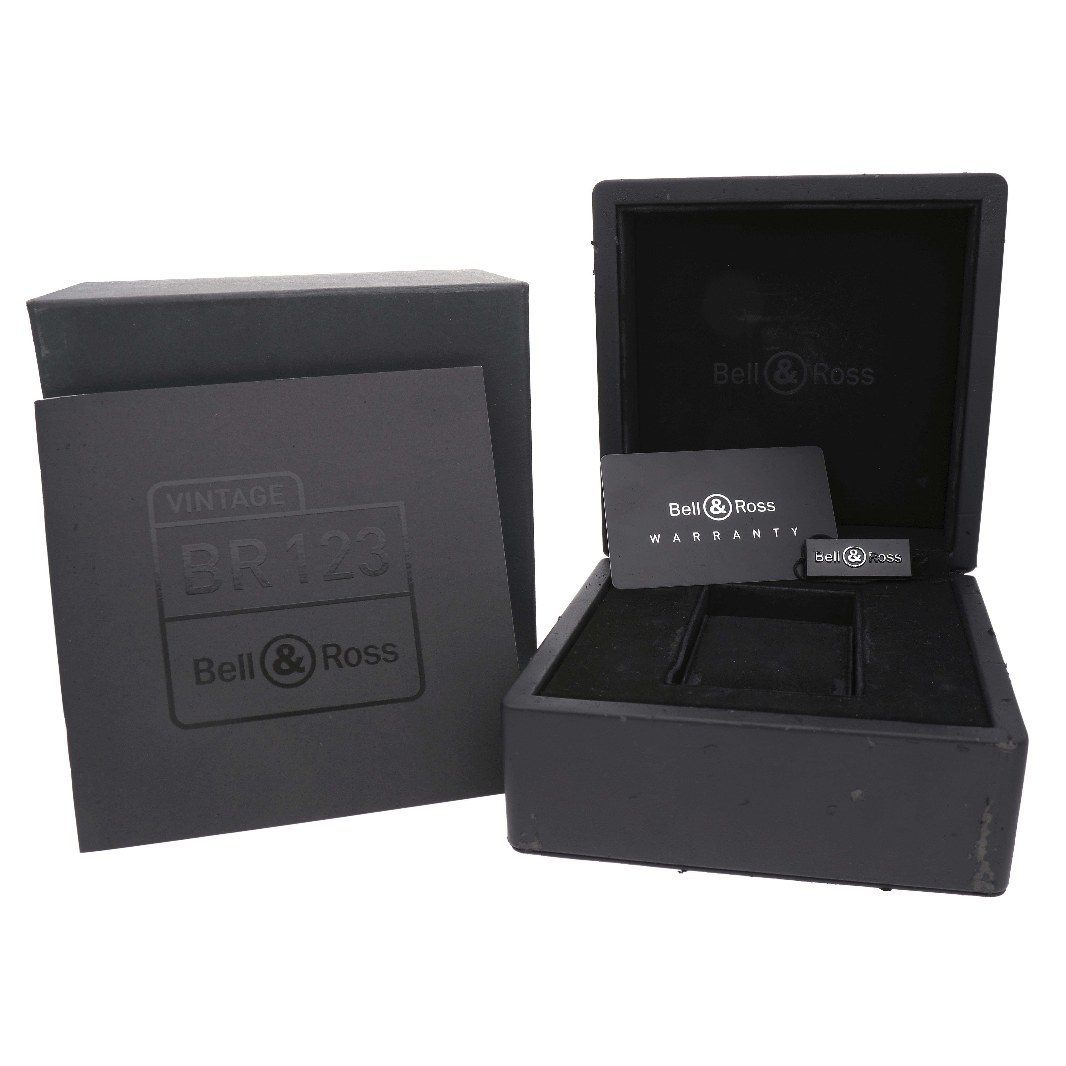 The image shows a Bell & Ross Vintage BR123 Men's Stainless Steel Beige Dial BR 123 watch box, open with warranty card and tag.