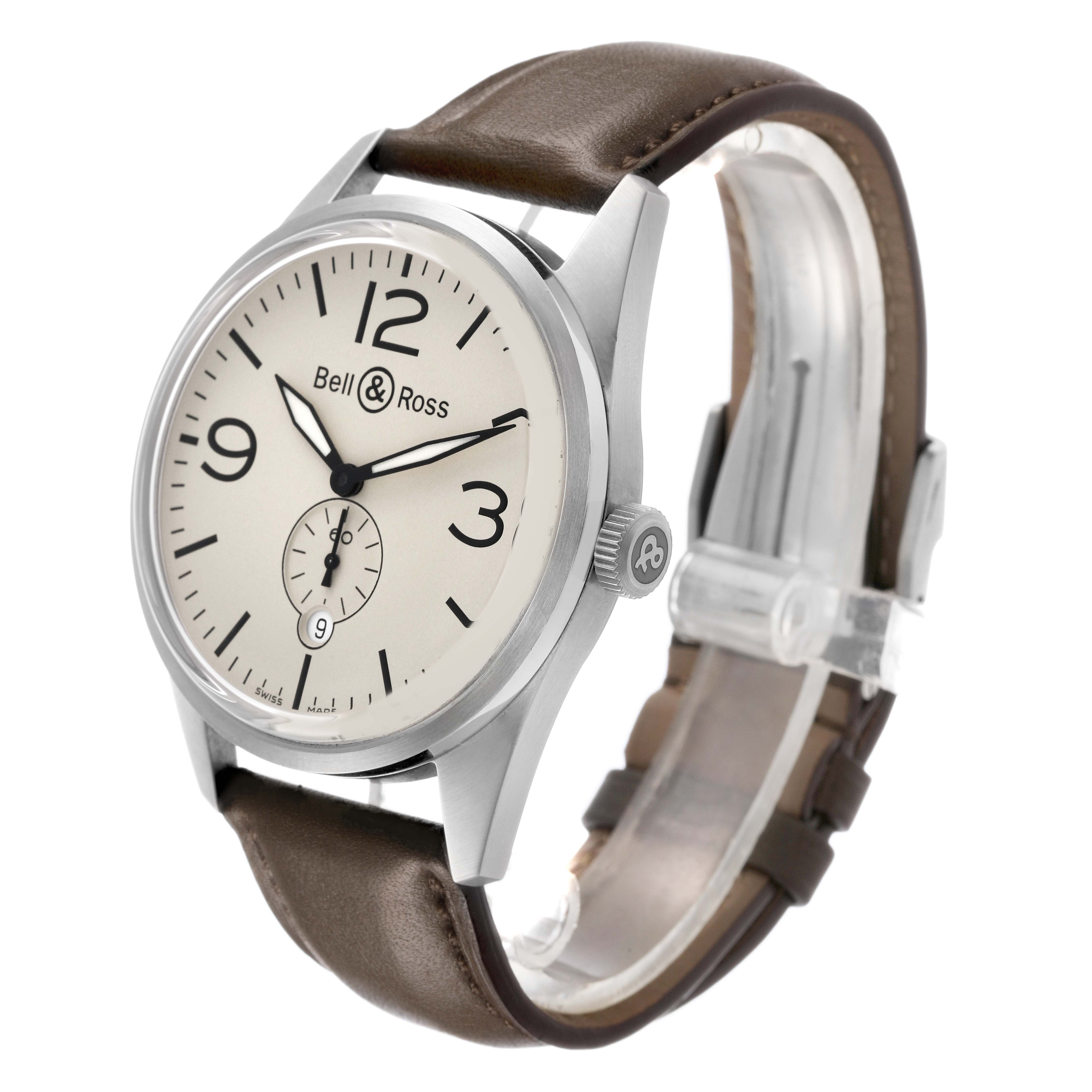 The Bell & Ross Vintage BR123 Men's Stainless Steel Beige Dial watch is shown at a diagonal angle, highlighting the face, crown, and brown leather strap.