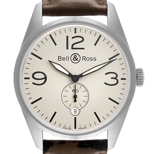 The Bell & Ross Vintage BR123 Men's Stainless Steel Beige Dial model is shown from a front angle, highlighting the dial, hands, case, and leather strap.