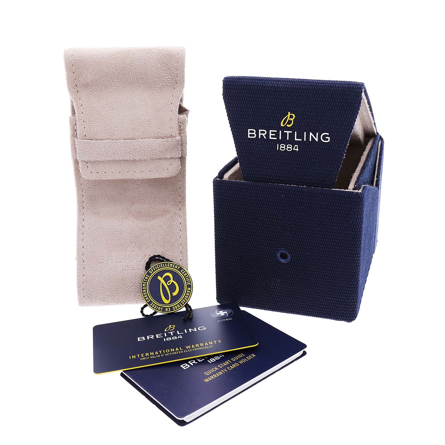 The image shows a Breitling Avenger A17318 Men's Stainless Steel Black Dial watch accessory set with a pouch, box, tag, and warranty cards.