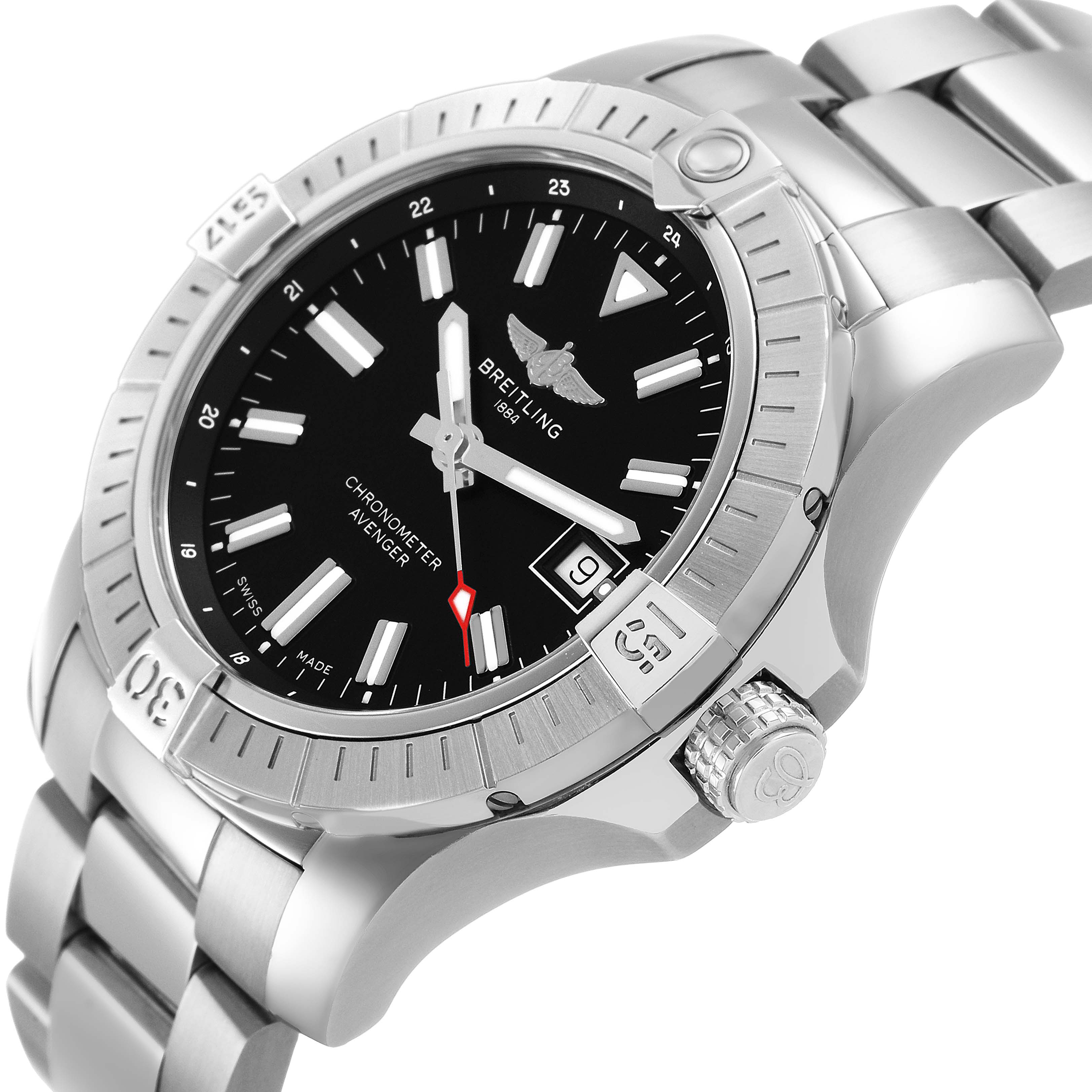 The Breitling Avenger A17318 Men's Stainless Steel Black Dial watch is shown at an angled side view, highlighting the dial, bezel, crown, and bracelet.