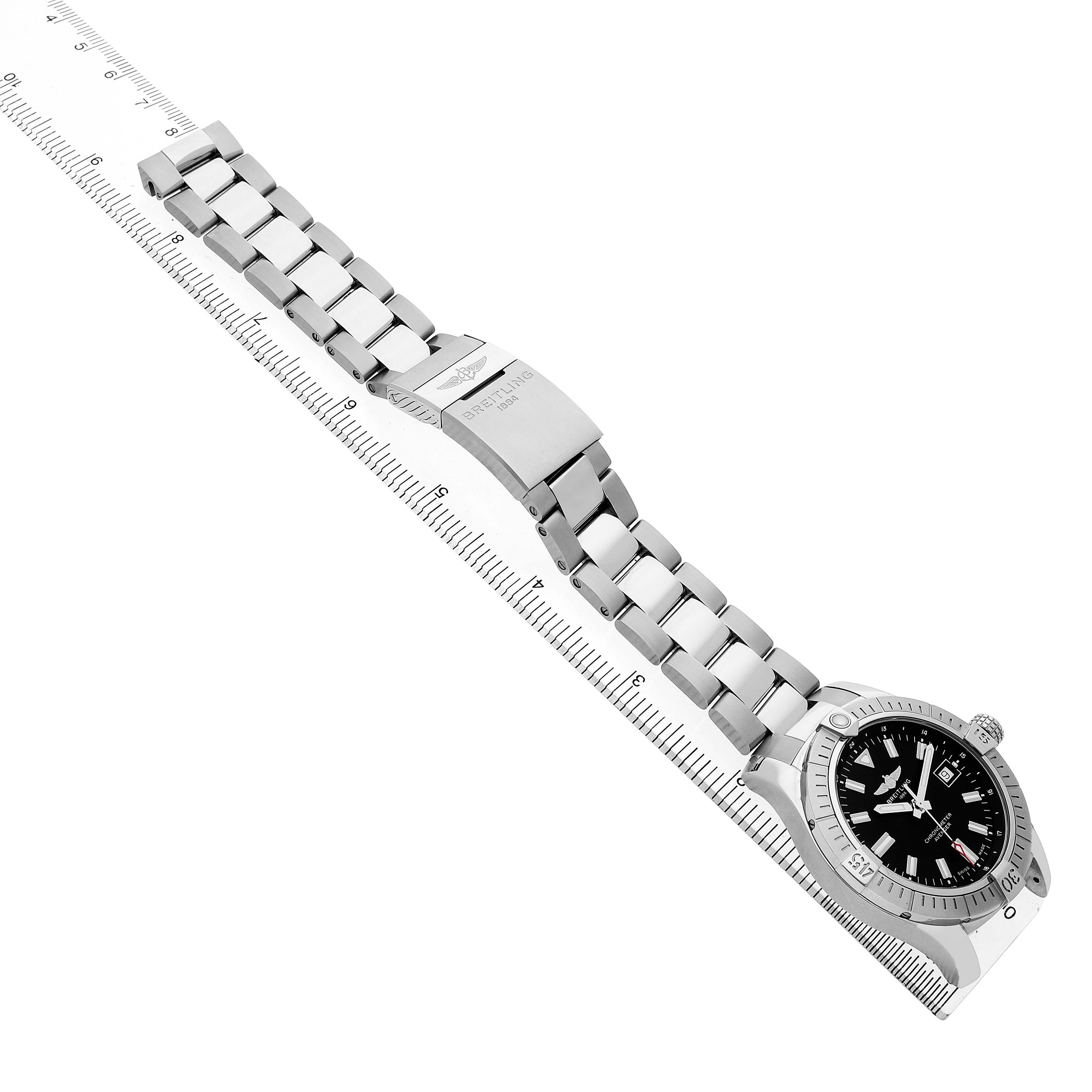 The Breitling Avenger A17318 Men's Stainless Steel Black Dial watch is shown from a top angle, highlighting its face, bezel, and full metal bracelet.