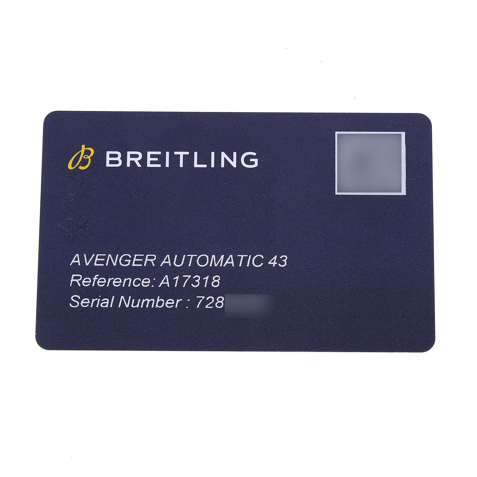 The image shows a Breitling Avenger A17318 Men's Stainless Steel Black Dial 43 warranty card with model and serial numbers.