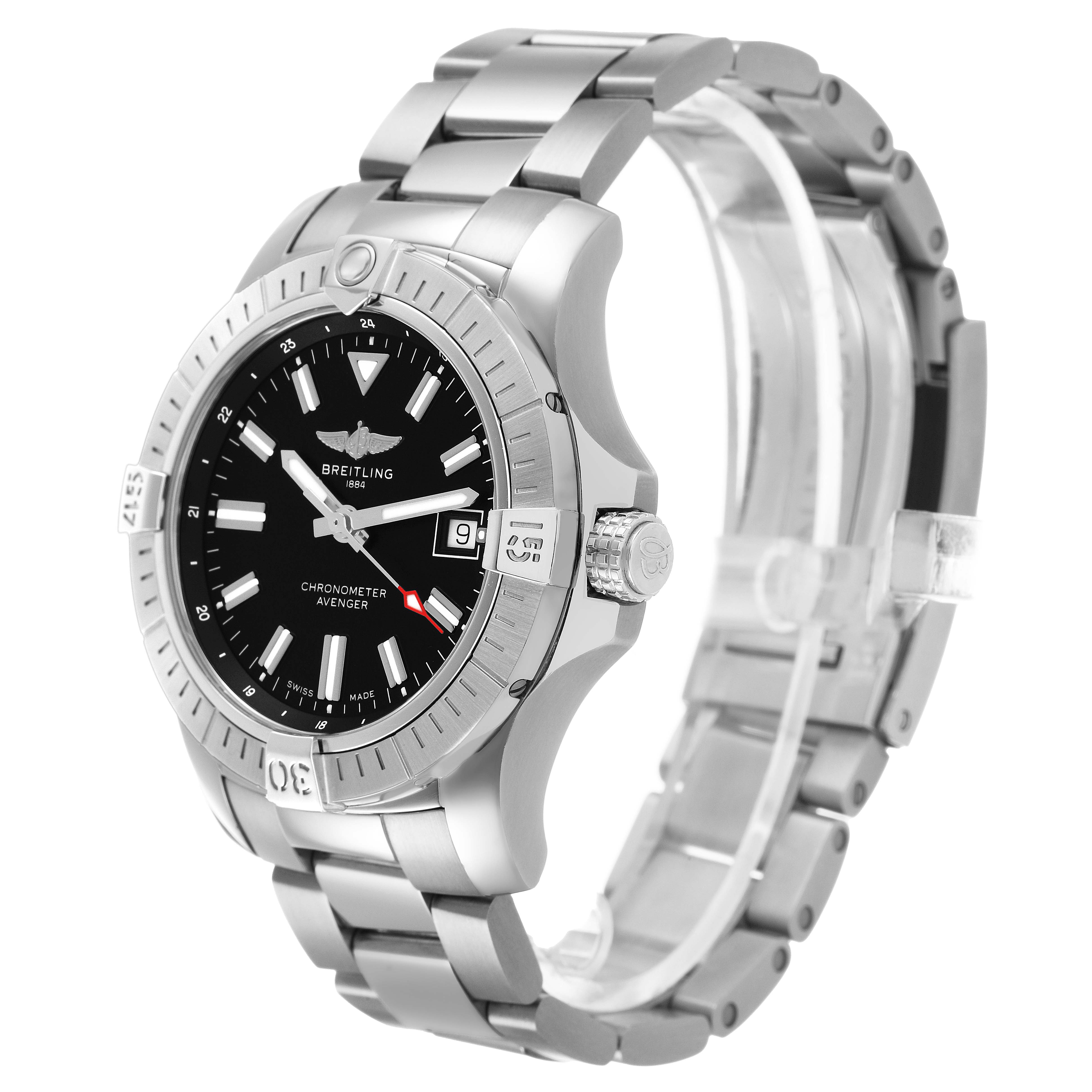 The Breitling Avenger A17318 Men's Stainless Steel Black Dial watch is shown at a slight angle, highlighting the bezel, dial, and part of the bracelet.