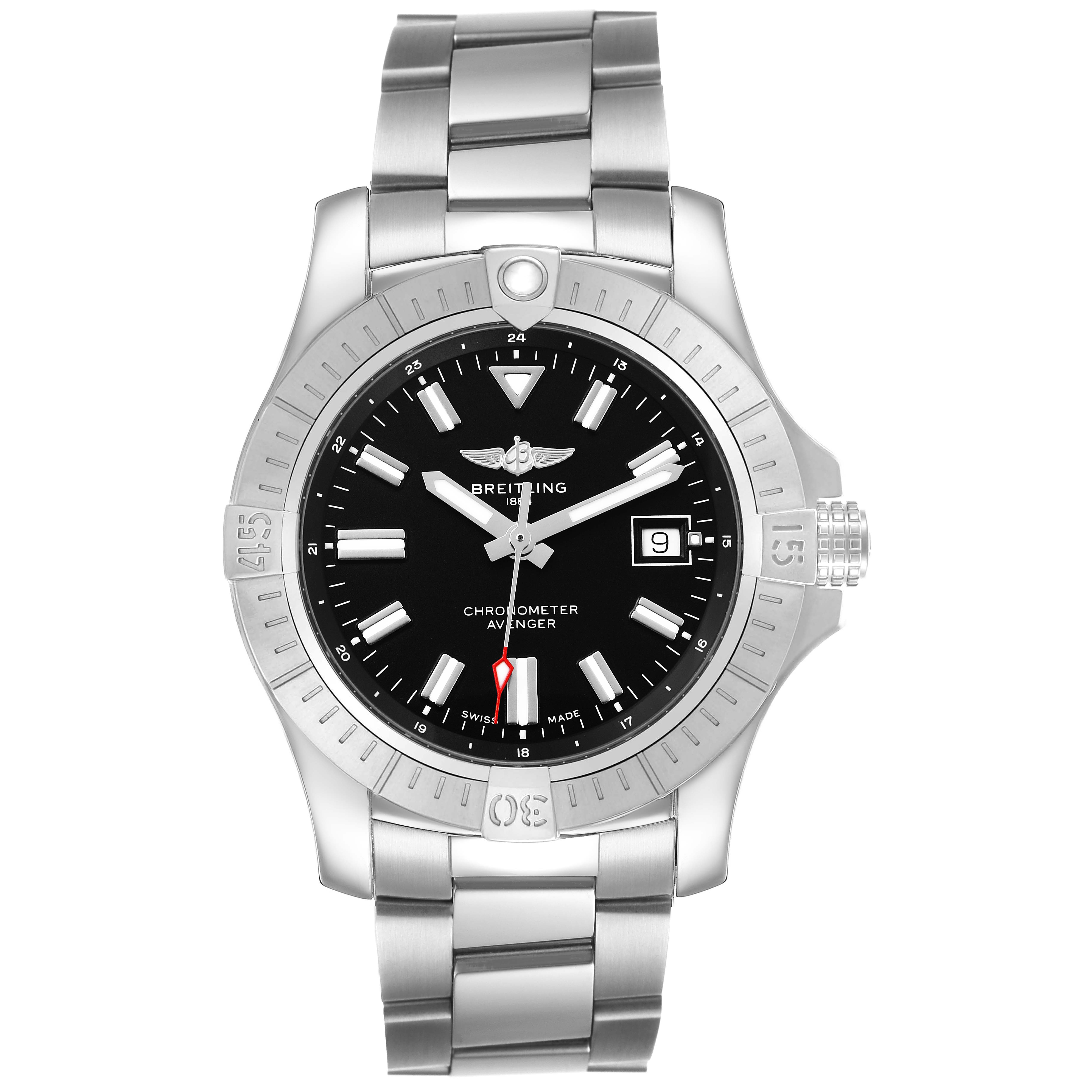The Breitling Avenger A17318 Men's Stainless Steel Black Dial watch is shown from a front angle, highlighting the dial, bezel, and bracelet.